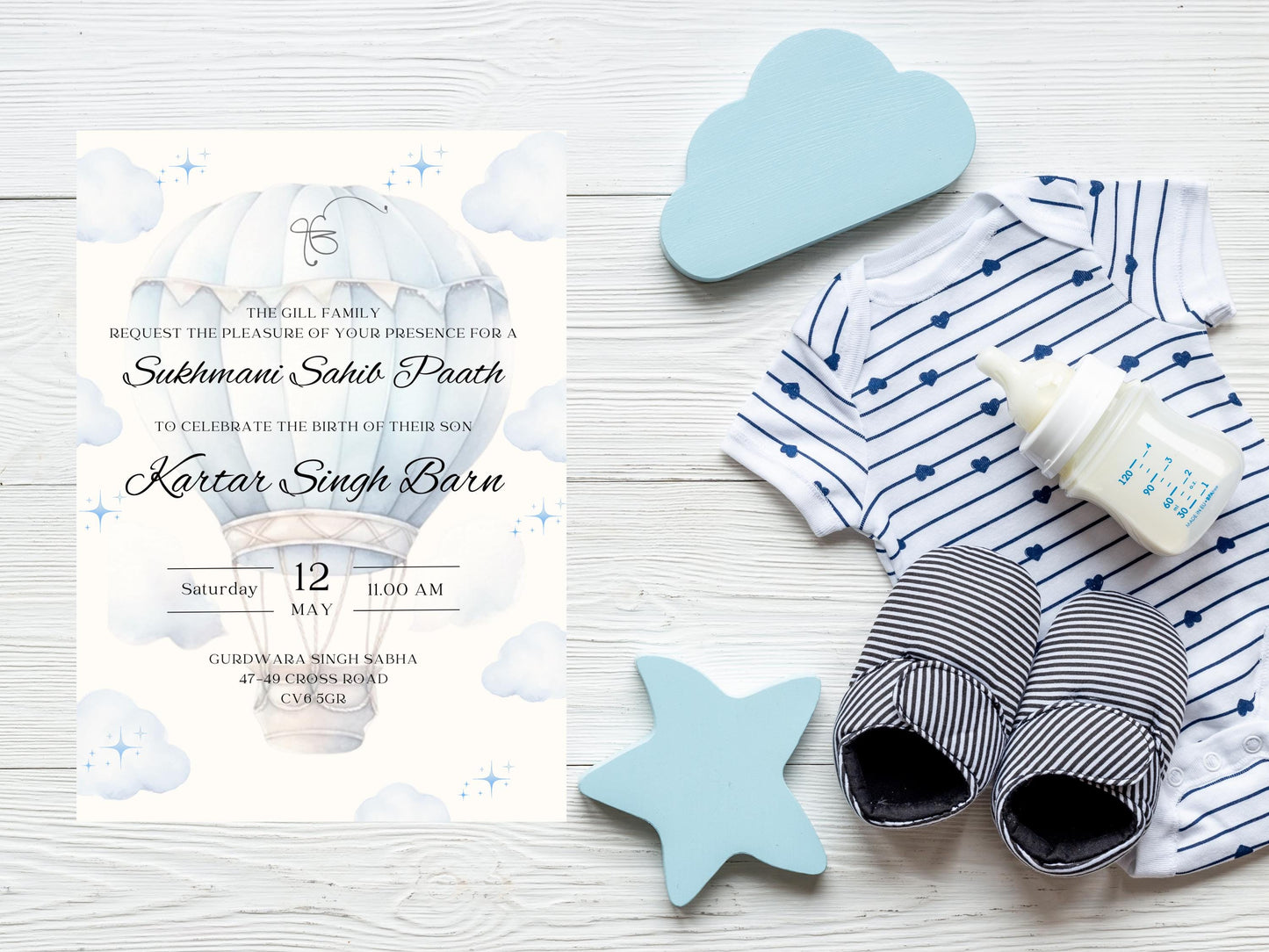 Digital Sukhmani Sahib Path Invitation, Birth of Son, Modern Blue Cloud Balloon Teddy Theme, Canva Editable, Sikh, Boy's 1st Birthday