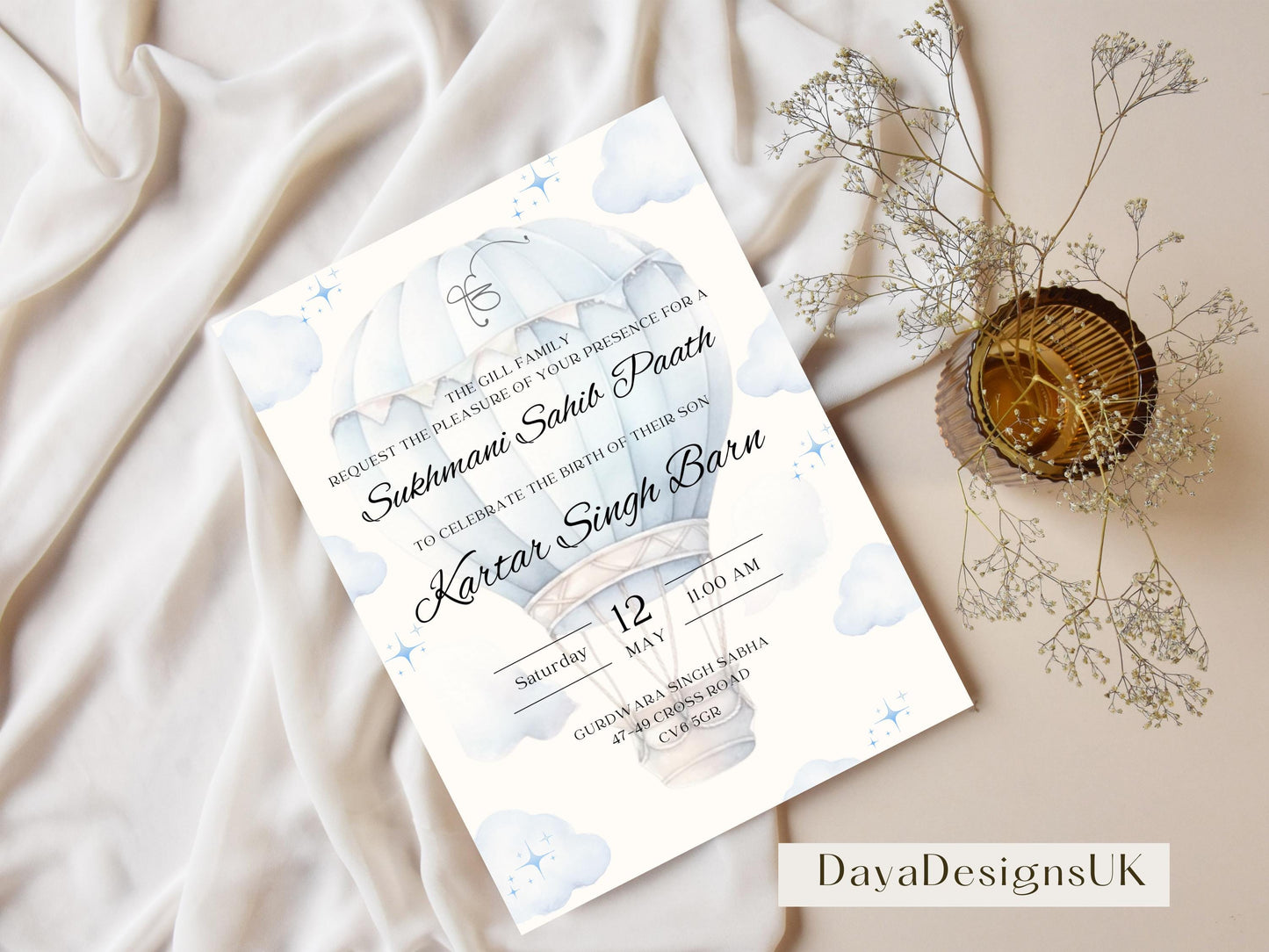 Digital Sukhmani Sahib Path Invitation, Birth of Son, Modern Blue Cloud Balloon Teddy Theme, Canva Editable, Sikh, Boy's 1st Birthday