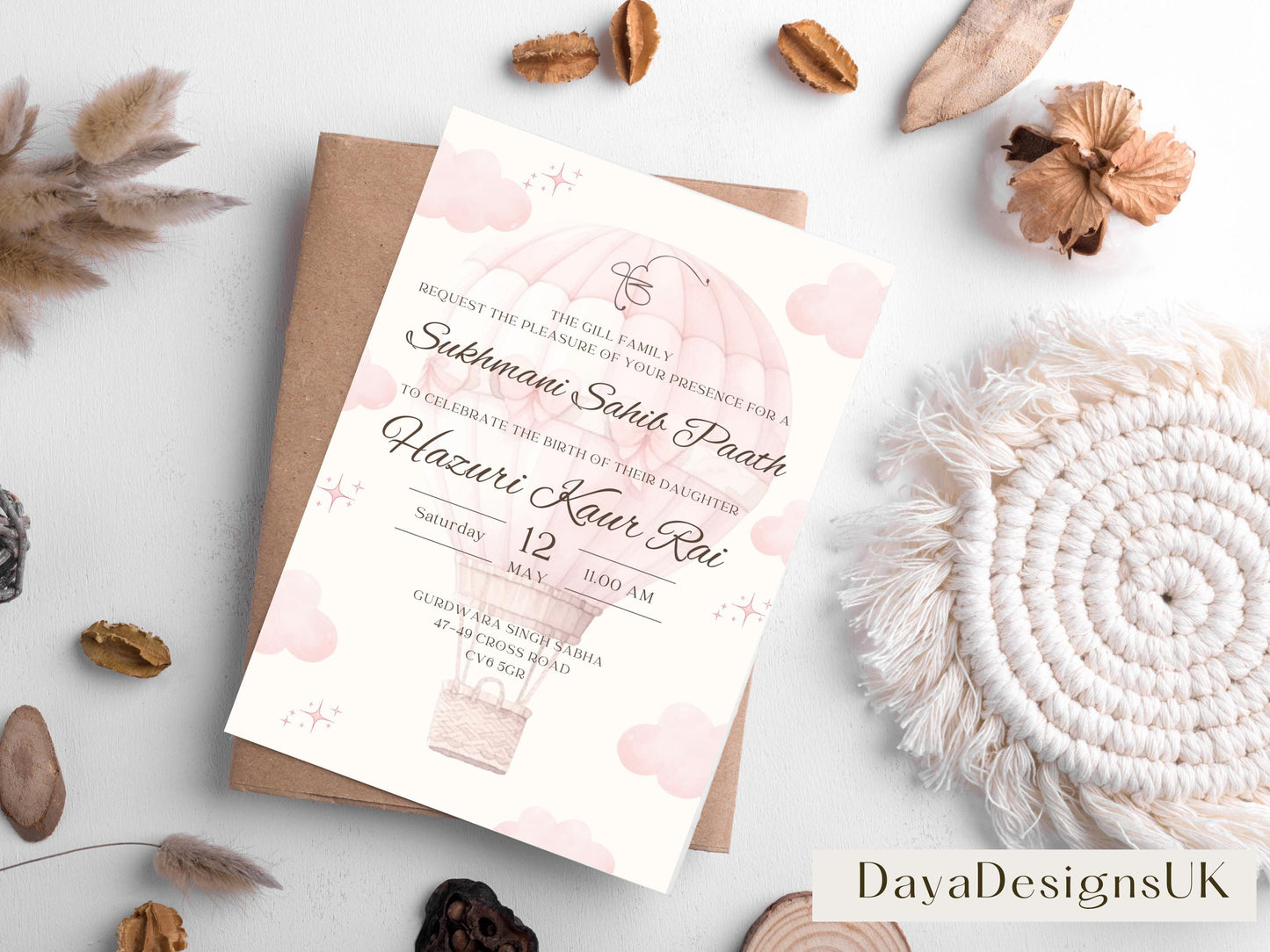Digital Sukhmani Sahib Paath Invitation, Daughter's 1st Birthday, Modern Minimalist Pink Hot Air Balloon, Editable Template, Sikh Programme