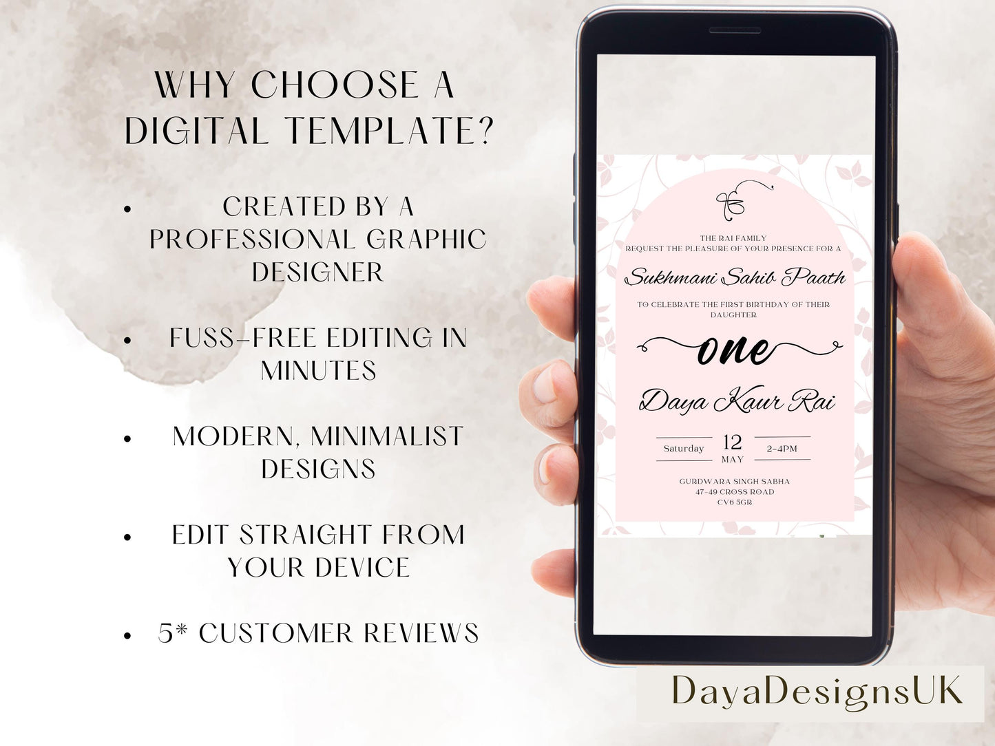 Sukhmani Sahib Path Digital Invitation, Daughter's 1st Birthday, Modern Minimalist Pink Floral Theme, Editable Template, Sikh Programme