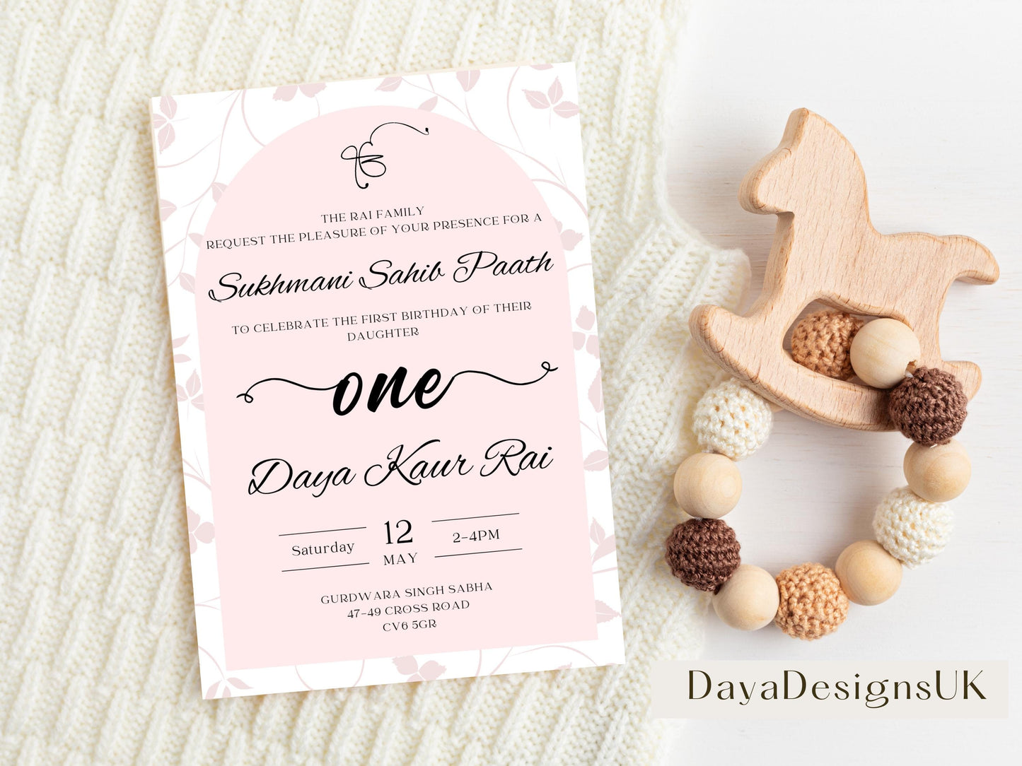 Sukhmani Sahib Path Digital Invitation, Daughter's 1st Birthday, Modern Minimalist Pink Floral Theme, Editable Template, Sikh Programme