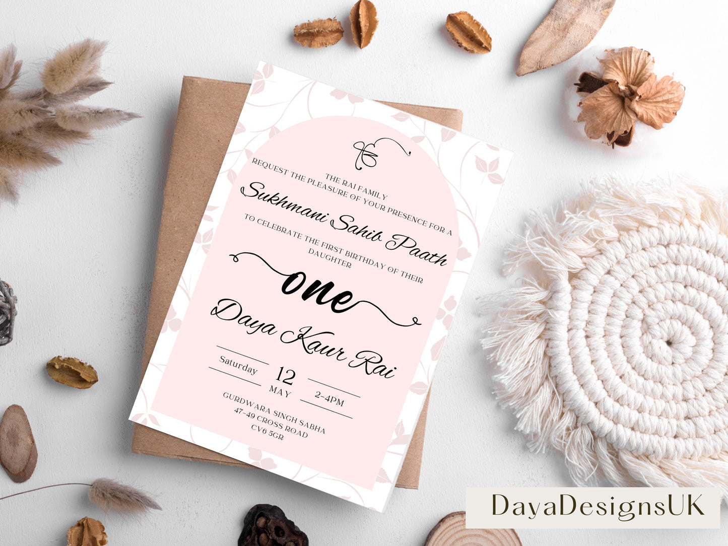 Sukhmani Sahib Path Digital Invitation, Daughter's 1st Birthday, Modern Minimalist Pink Floral Theme, Editable Template, Sikh Programme
