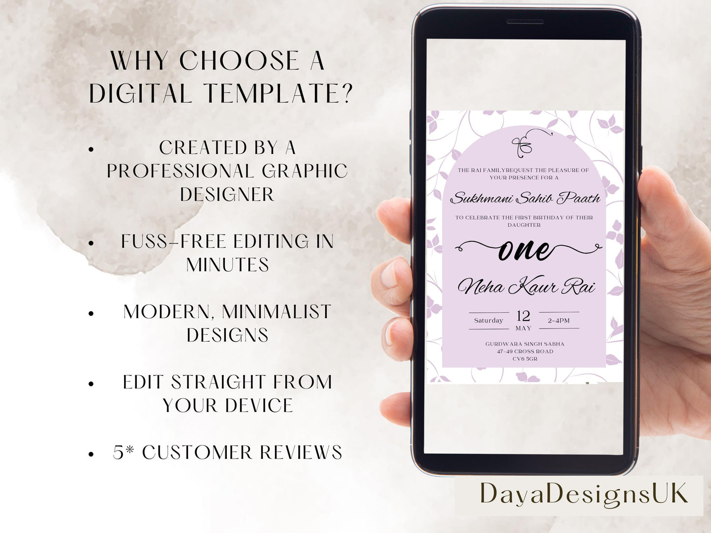 Sukhmani Sahib Path Digital Invitation, Daughter's 1st Birthday, Modern Minimalist Lilac Floral Theme, Editable Template, Sikh Programme