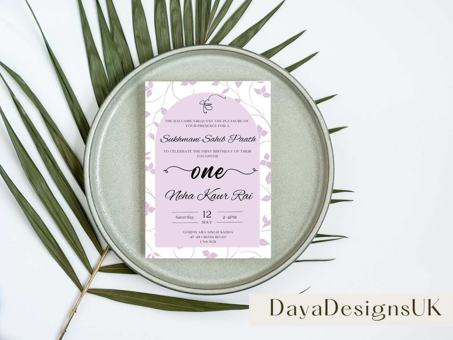 Sukhmani Sahib Path Digital Invitation, Daughter's 1st Birthday, Modern Minimalist Lilac Floral Theme, Editable Template, Sikh Programme