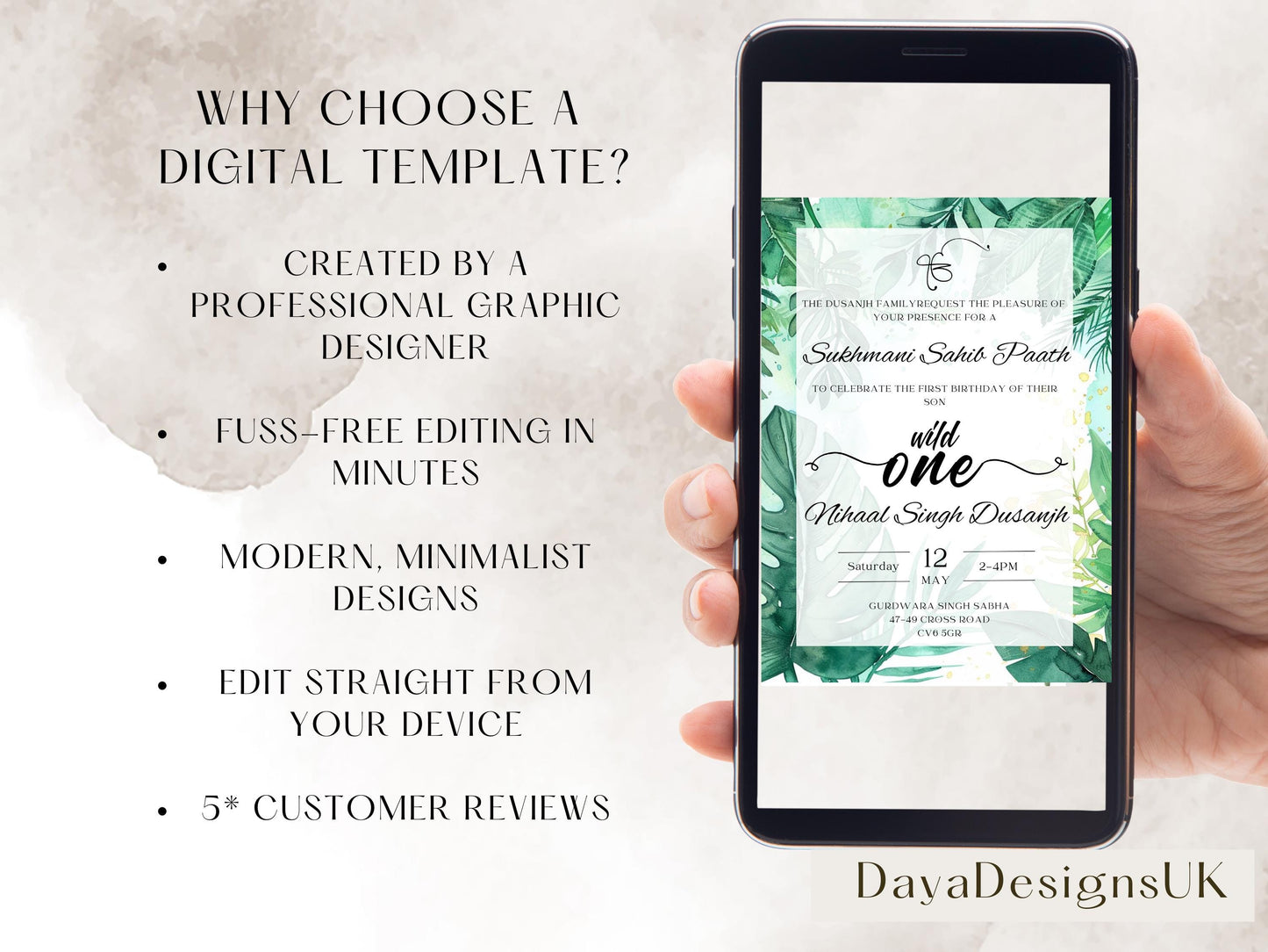 Digital Sukhmani Sahib Path Invitation, Birth of Son, Modern Green Jungle Safari Theme, Canva Editable, Sikh, Boy's 1st Birthday
