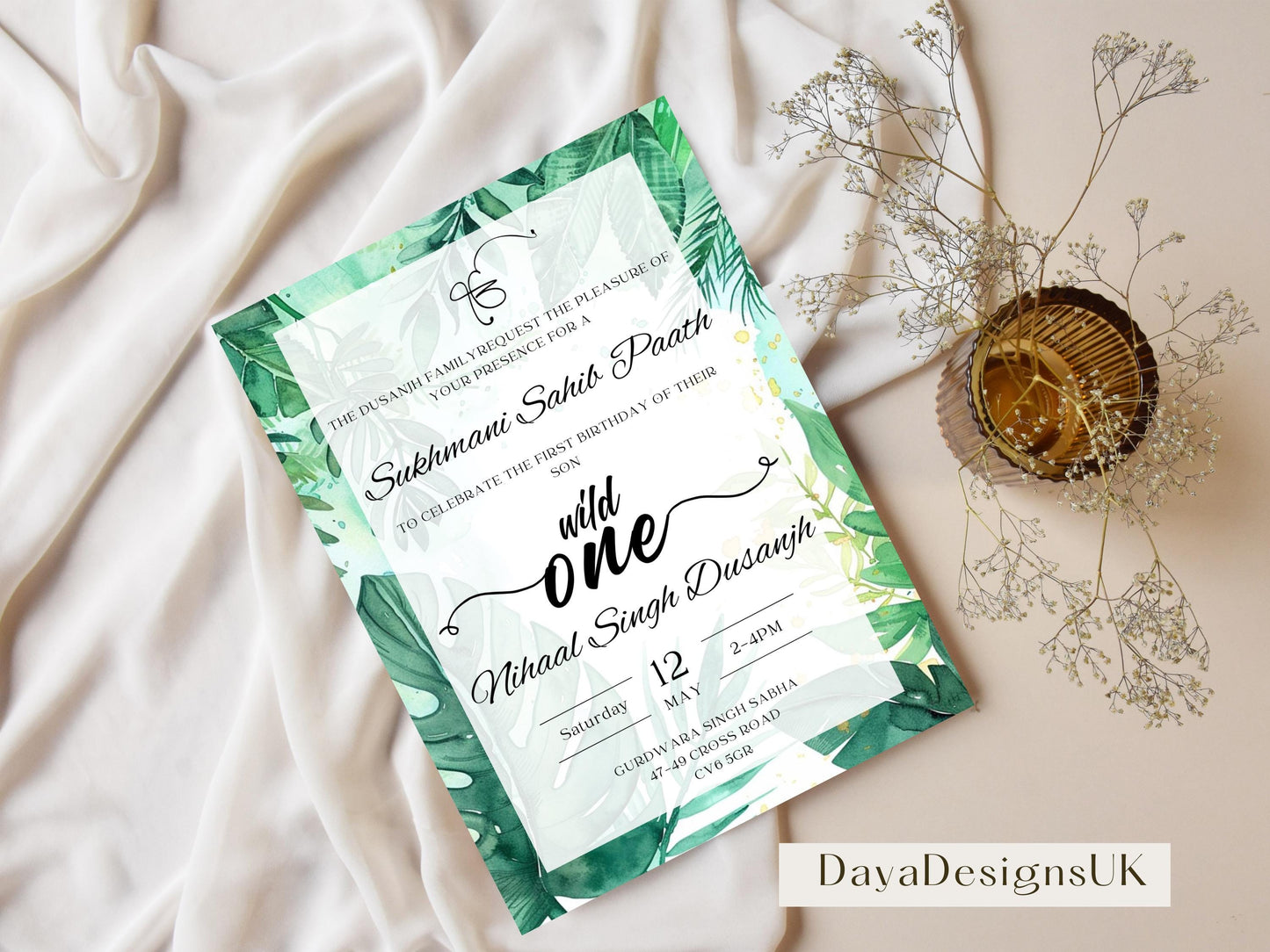 Digital Sukhmani Sahib Path Invitation, Birth of Son, Modern Green Jungle Safari Theme, Canva Editable, Sikh, Boy's 1st Birthday