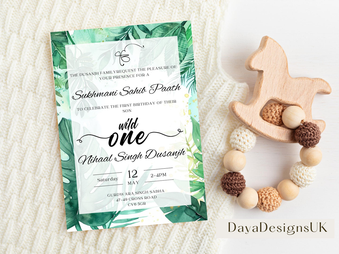 Digital Sukhmani Sahib Path Invitation, Birth of Son, Modern Green Jungle Safari Theme, Canva Editable, Sikh, Boy's 1st Birthday