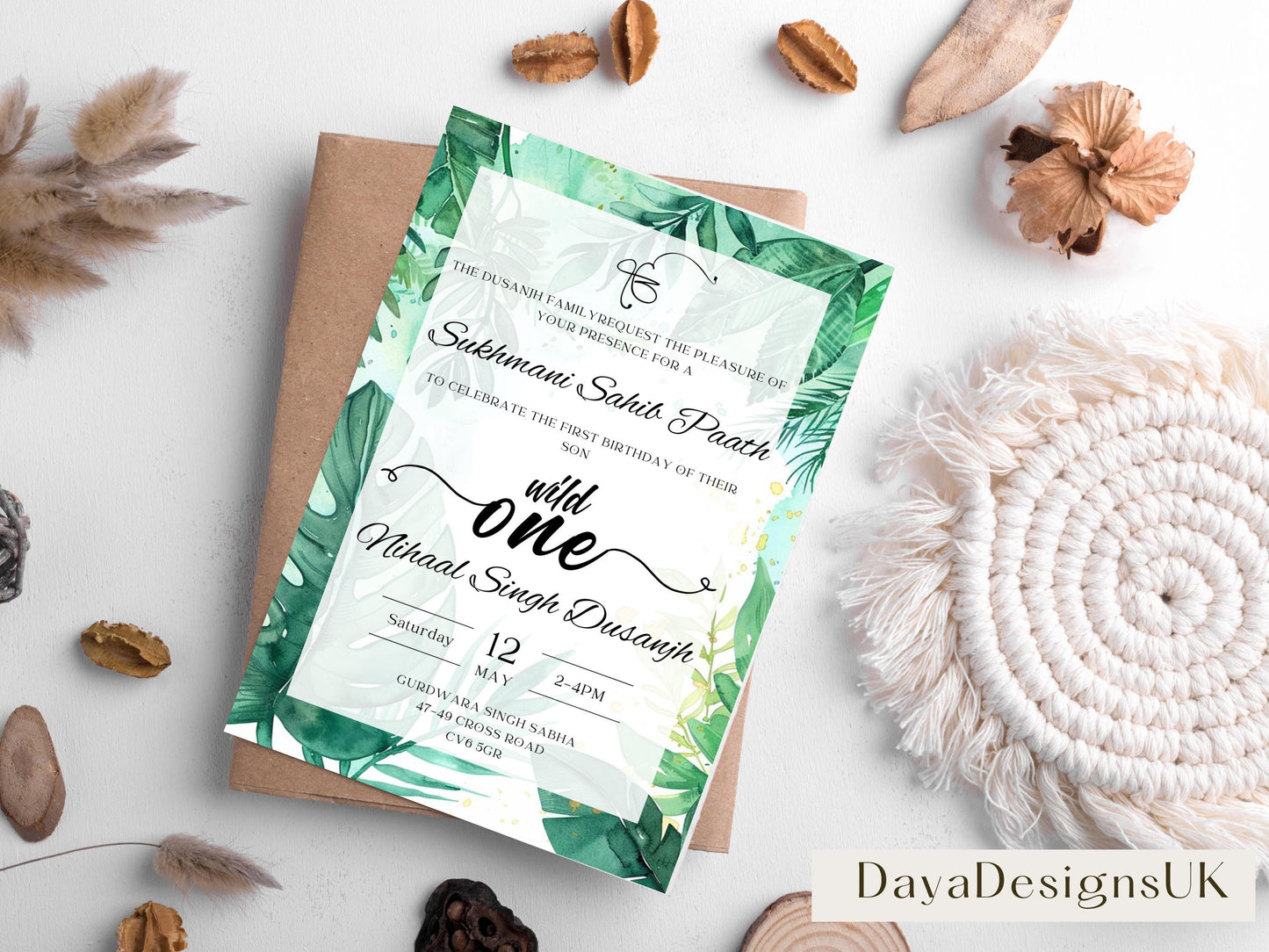 Digital Sukhmani Sahib Path Invitation, Birth of Son, Modern Green Jungle Safari Theme, Canva Editable, Sikh, Boy's 1st Birthday