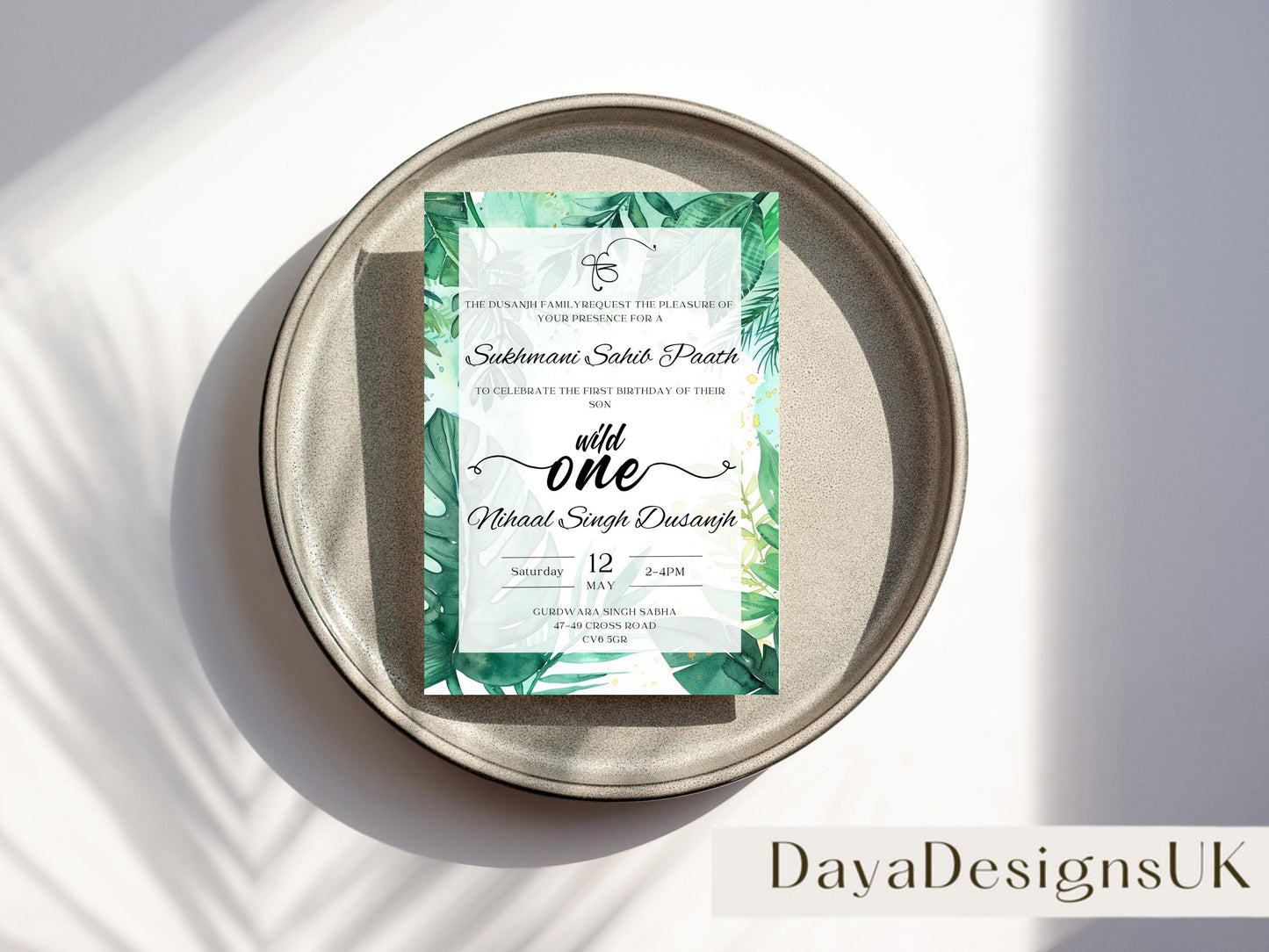 Digital Sukhmani Sahib Path Invitation, Birth of Son, Modern Green Jungle Safari Theme, Canva Editable, Sikh, Boy's 1st Birthday