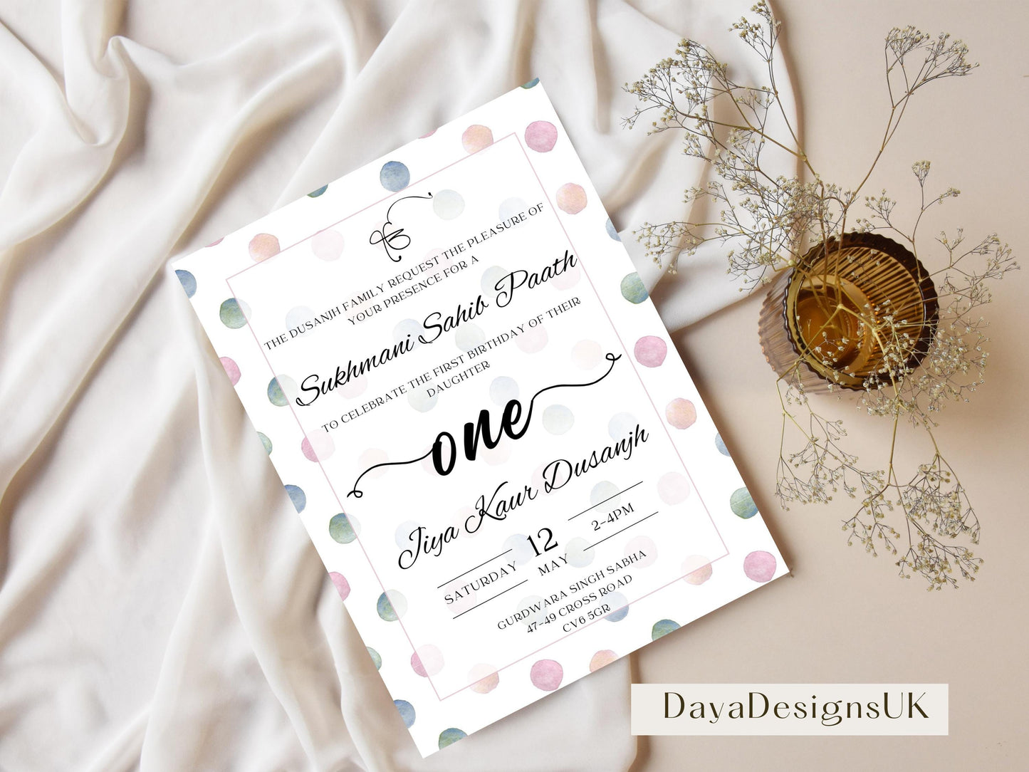 Sukhmani Sahib Path Digital Invitation, Daughter's 1st Birthday, Modern Neutral Dotty Theme, Editable Template, Sikh Programme