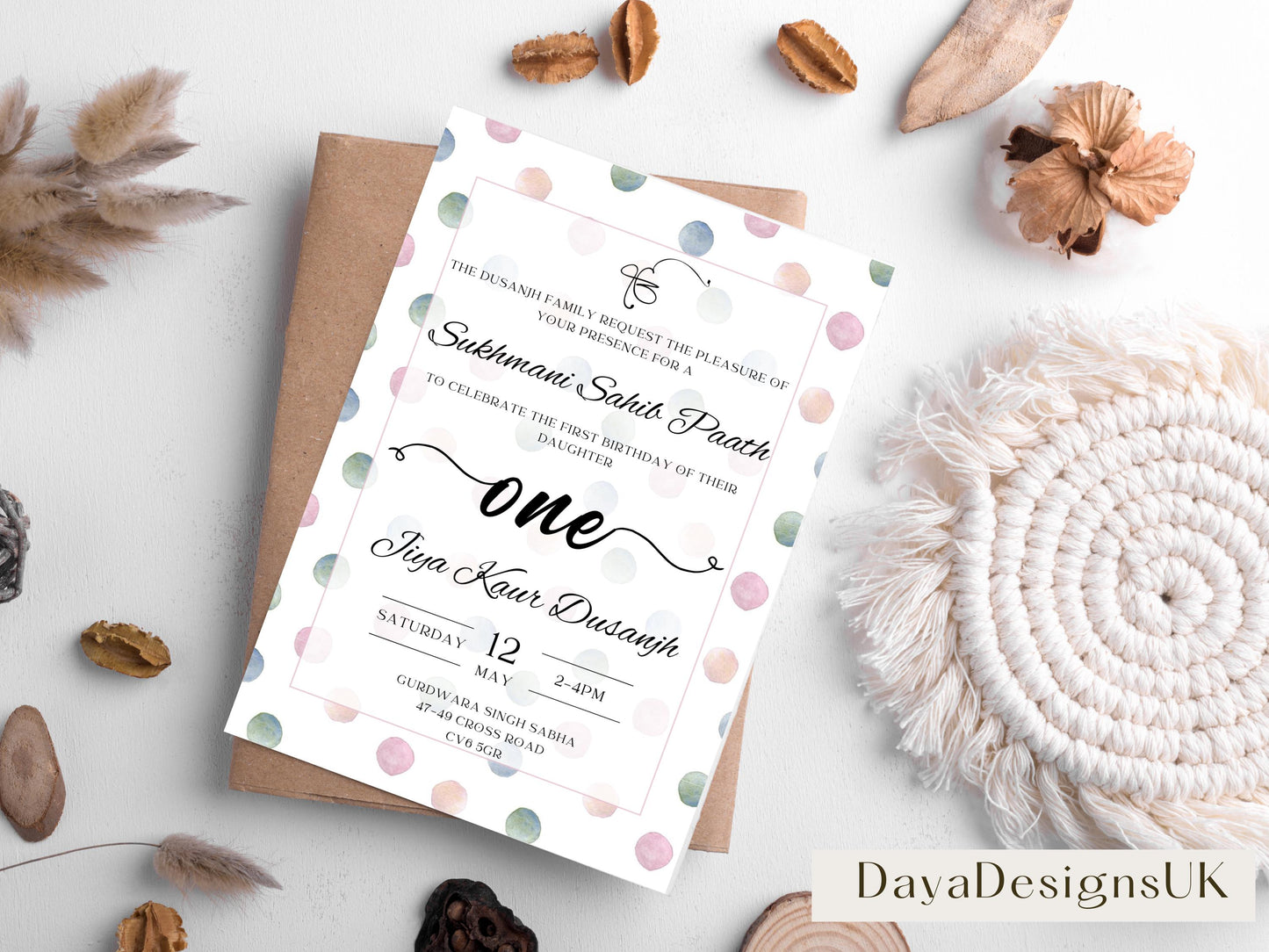 Sukhmani Sahib Path Digital Invitation, Daughter's 1st Birthday, Modern Neutral Dotty Theme, Editable Template, Sikh Programme