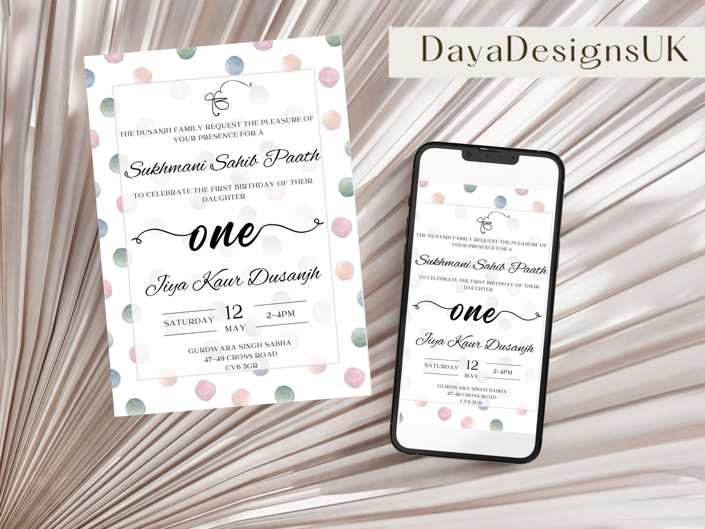 Sukhmani Sahib Path Digital Invitation, Daughter's 1st Birthday, Modern Neutral Dotty Theme, Editable Template, Sikh Programme