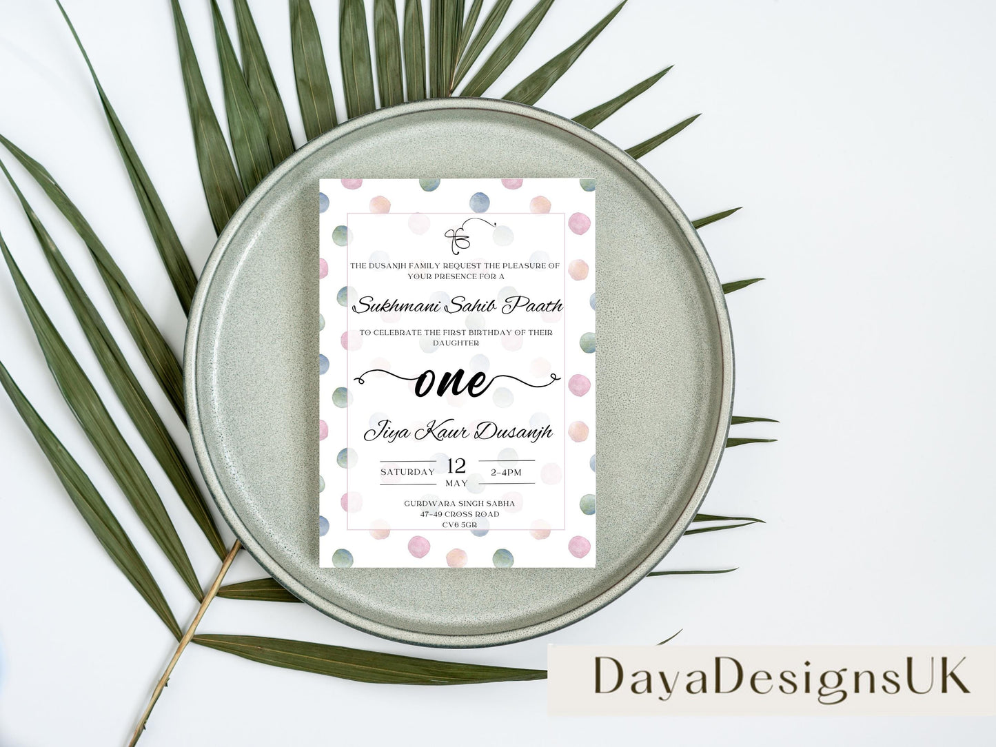 Sukhmani Sahib Path Digital Invitation, Daughter's 1st Birthday, Modern Neutral Dotty Theme, Editable Template, Sikh Programme