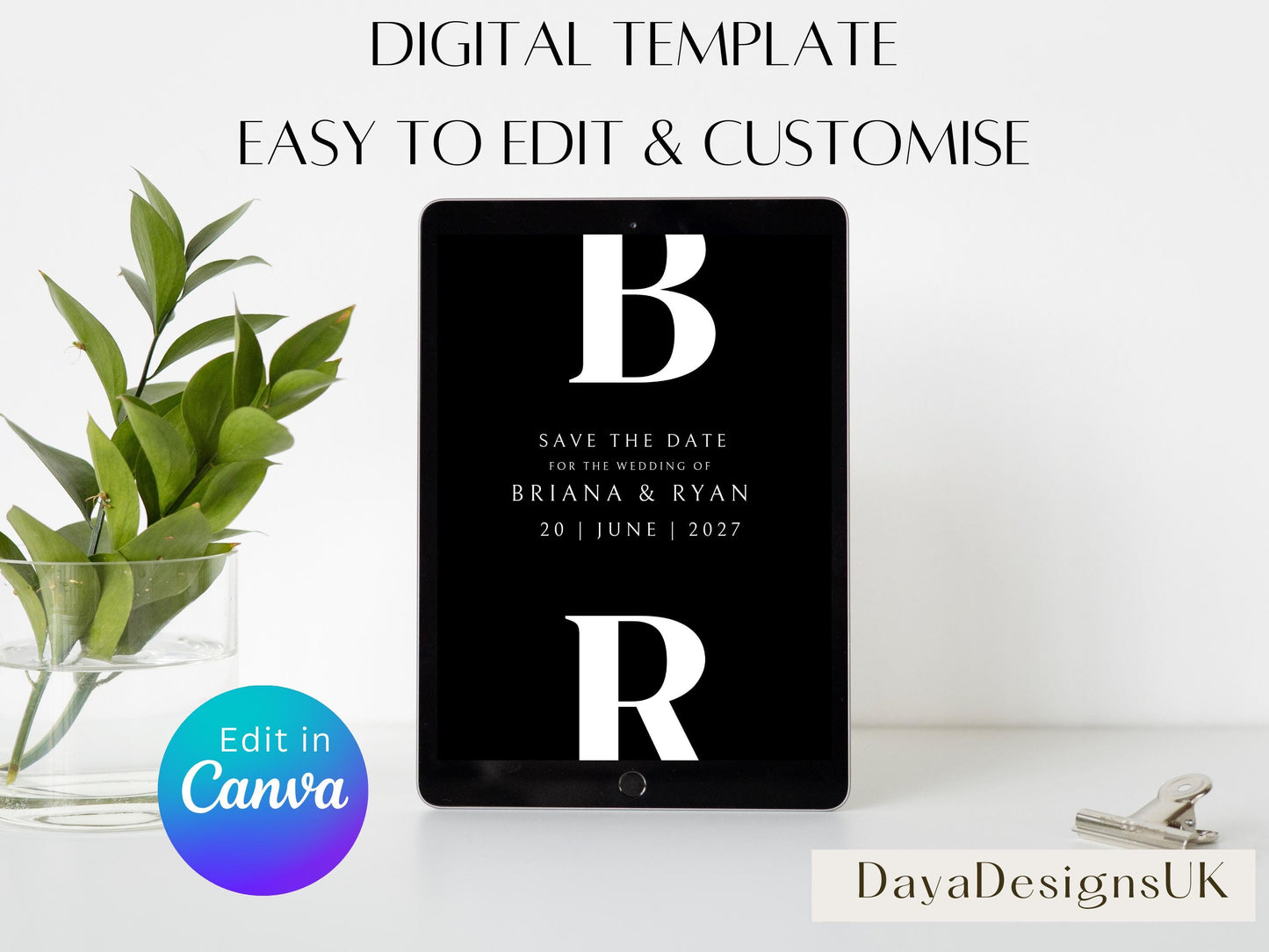 Minimalist Save The Date + Wedding Template Bundle, Black and White Digital Download, Smartphone, Aesthetic Template, Editable