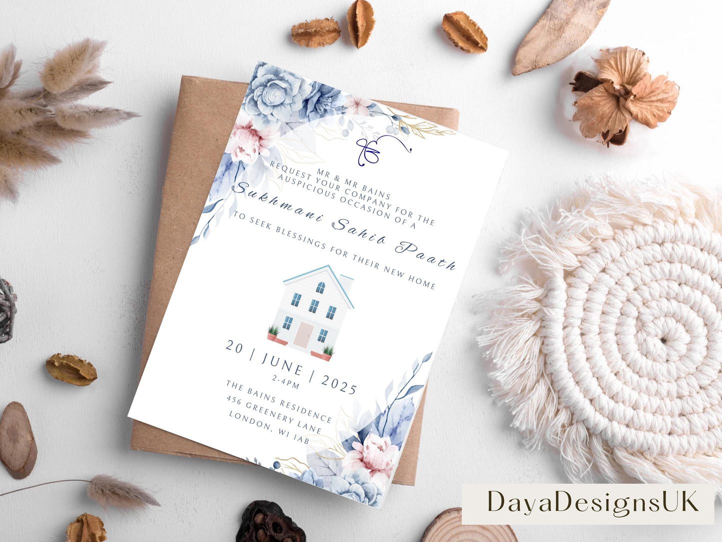 Digital Sukhmani Sahib Path Invitation, Housewarming, Modern, Minimalist Eucalyptus Theme, Canva Editable, New House Sikh Blessing