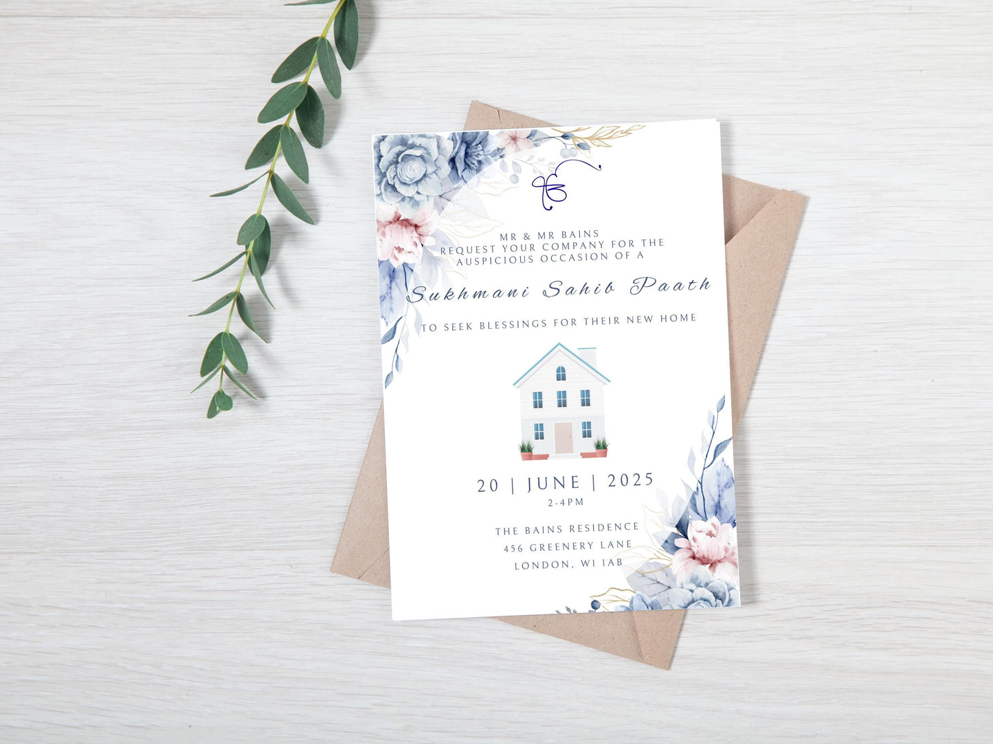 Digital Sukhmani Sahib Path Invitation, Housewarming, Modern, Minimalist Eucalyptus Theme, Canva Editable, New House Sikh Blessing