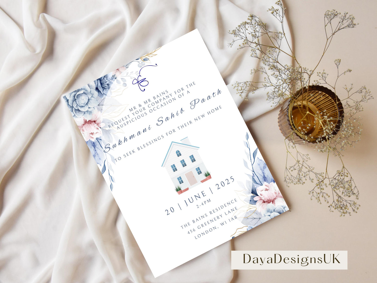 Digital Sukhmani Sahib Path Invitation, Housewarming, Modern, Minimalist Eucalyptus Theme, Canva Editable, New House Sikh Blessing