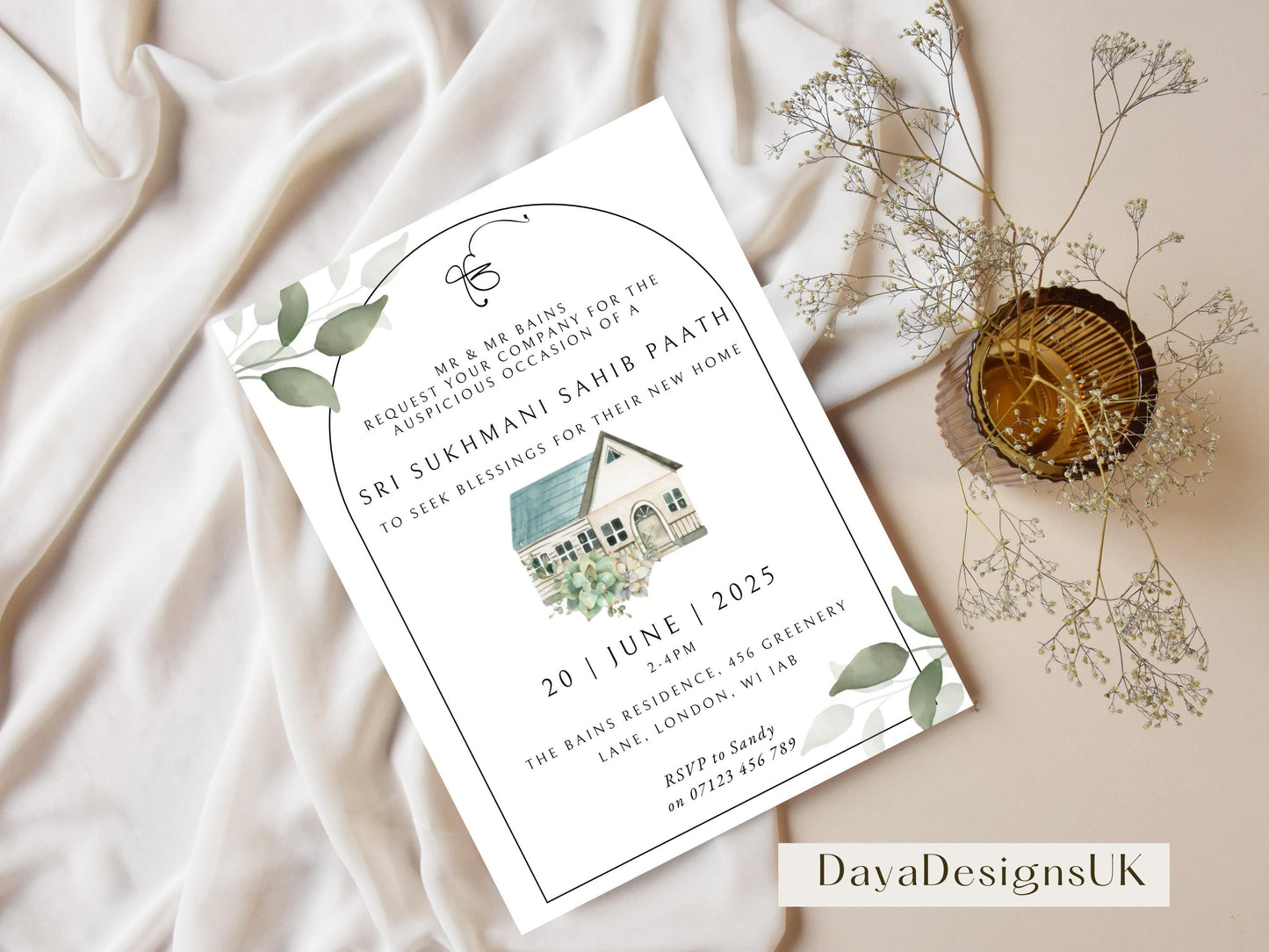 Digital Sukhmani Sahib Path Invitation, Housewarming, Modern, Minimalist Eucalyptus Theme, Canva Editable, New House Sikh Blessing