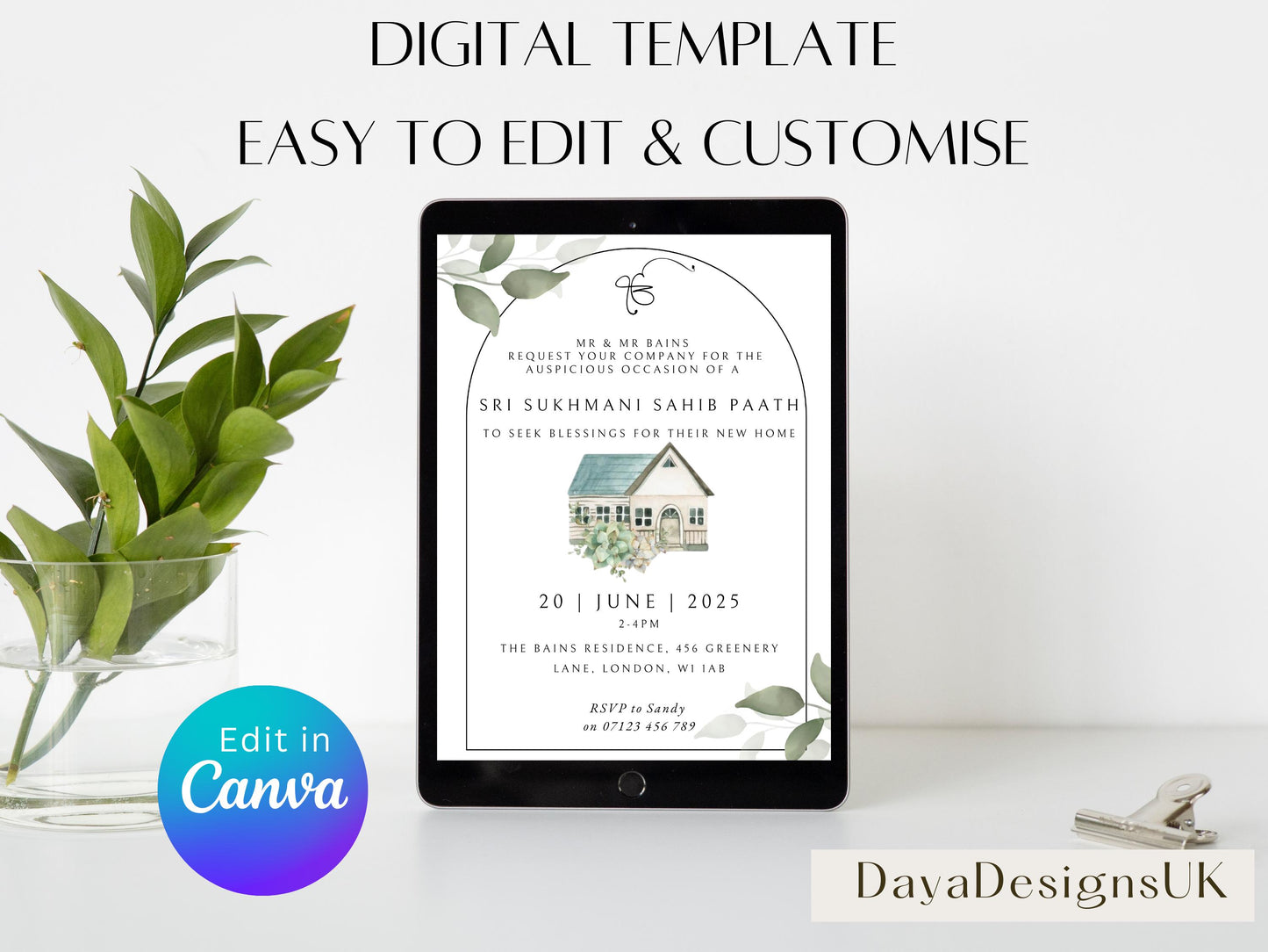 Digital Sukhmani Sahib Path Invitation, Housewarming, Modern, Minimalist Eucalyptus Theme, Canva Editable, New House Sikh Blessing
