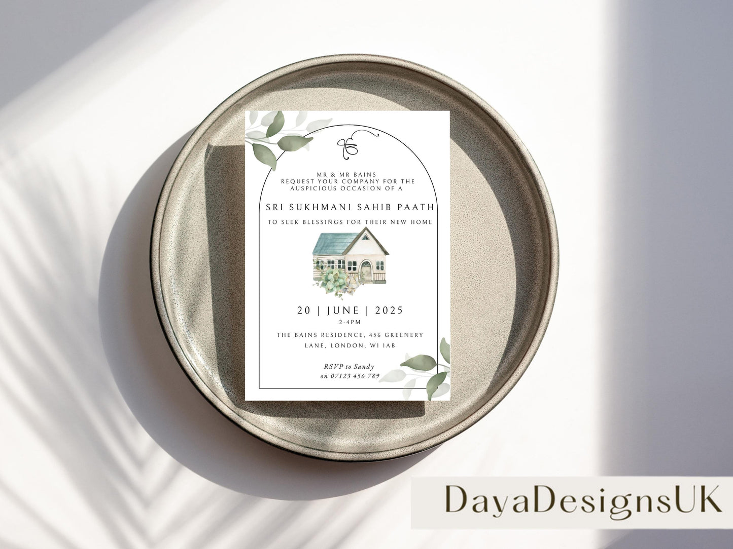 Digital Sukhmani Sahib Path Invitation, Housewarming, Modern, Minimalist Eucalyptus Theme, Canva Editable, New House Sikh Blessing