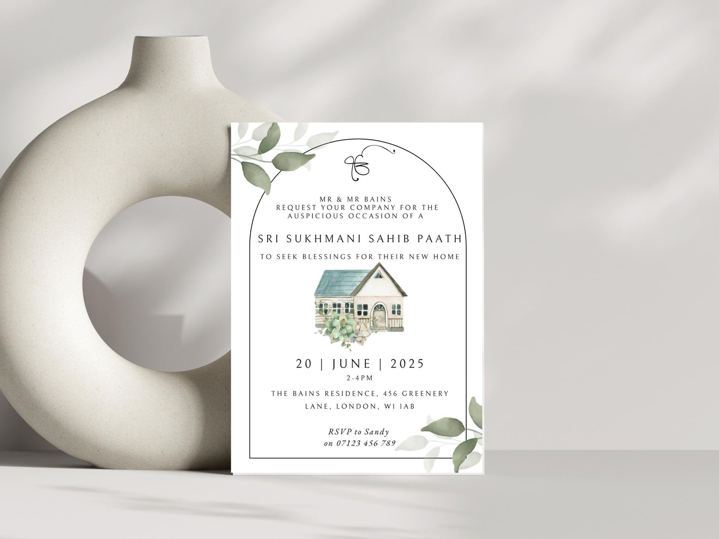 Digital Sukhmani Sahib Path Invitation, Housewarming, Modern, Minimalist Eucalyptus Theme, Canva Editable, New House Sikh Blessing