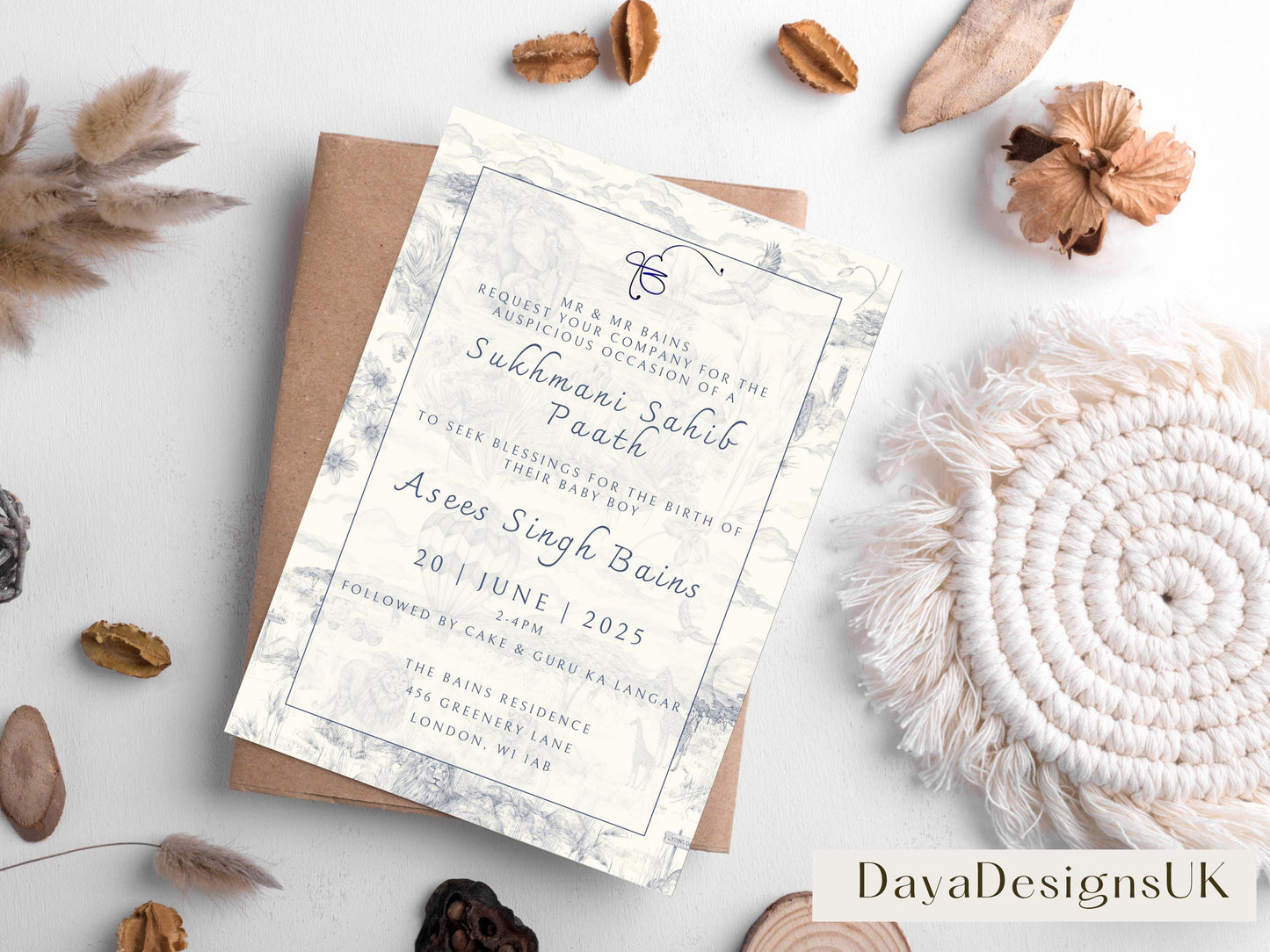 Digital Sukhmani Sahib Path Invitation, Birth of Son, Modern Blue Cloud Balloon Animal Theme, Canva Editable, Sikh, Boy's 1st Birthday