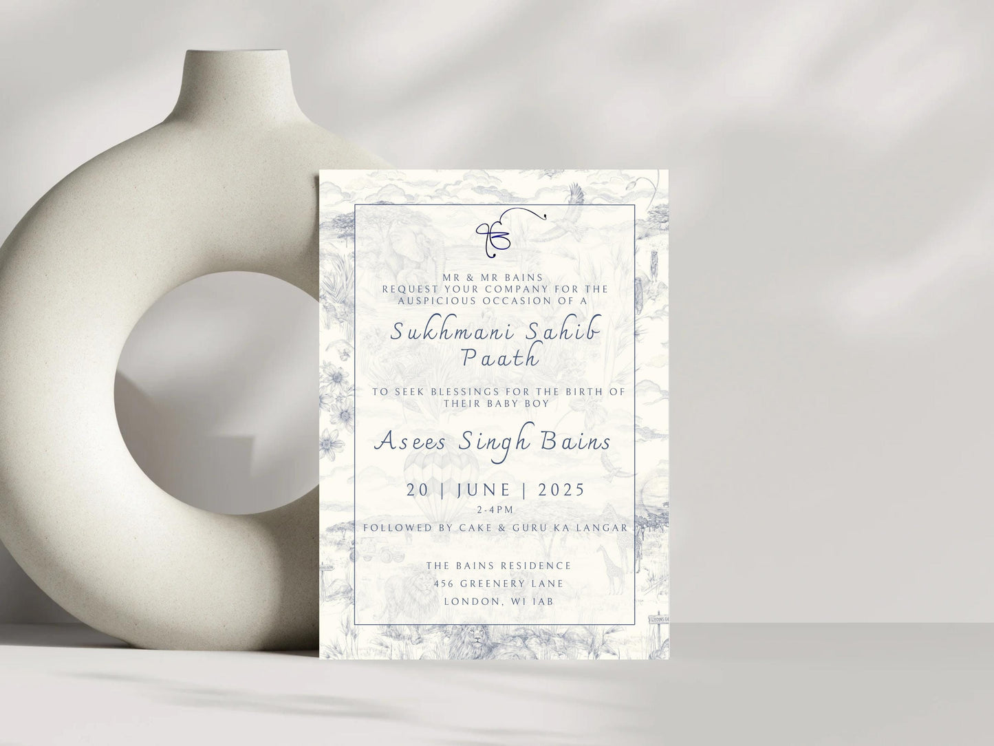 Digital Sukhmani Sahib Path Invitation, Birth of Son, Modern Blue Cloud Balloon Animal Theme, Canva Editable, Sikh, Boy's 1st Birthday