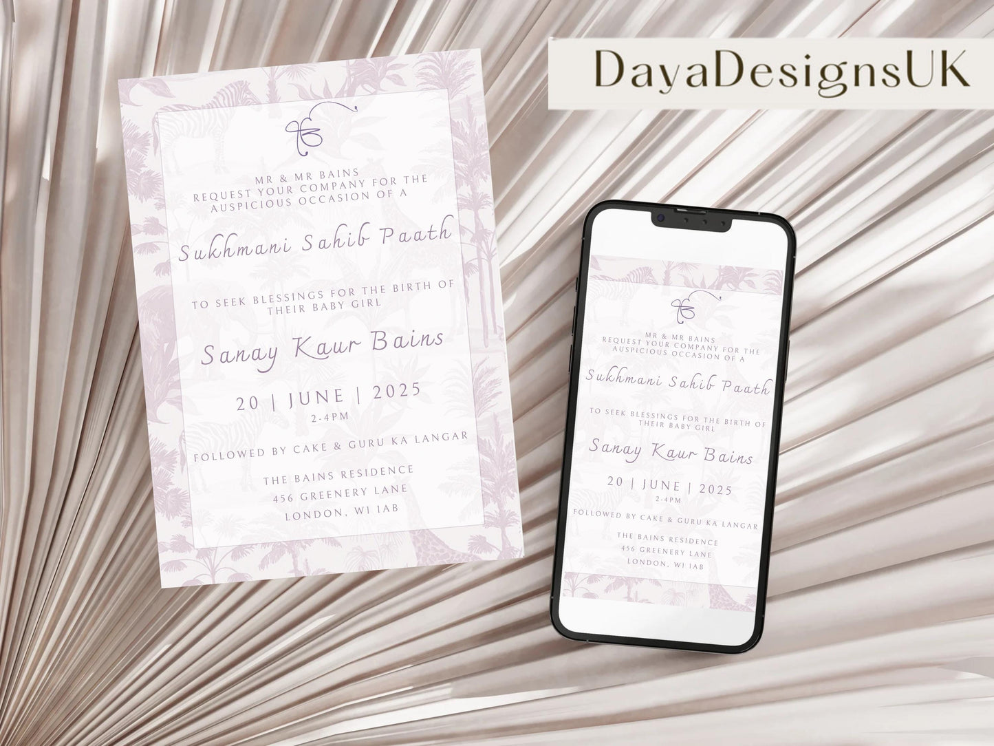 Digital Sukhmani Sahib Path Invitation, Birth of Daughter, Modern Safari Animal Theme, Canva Editable, Sikh, Girls 1st Birthday