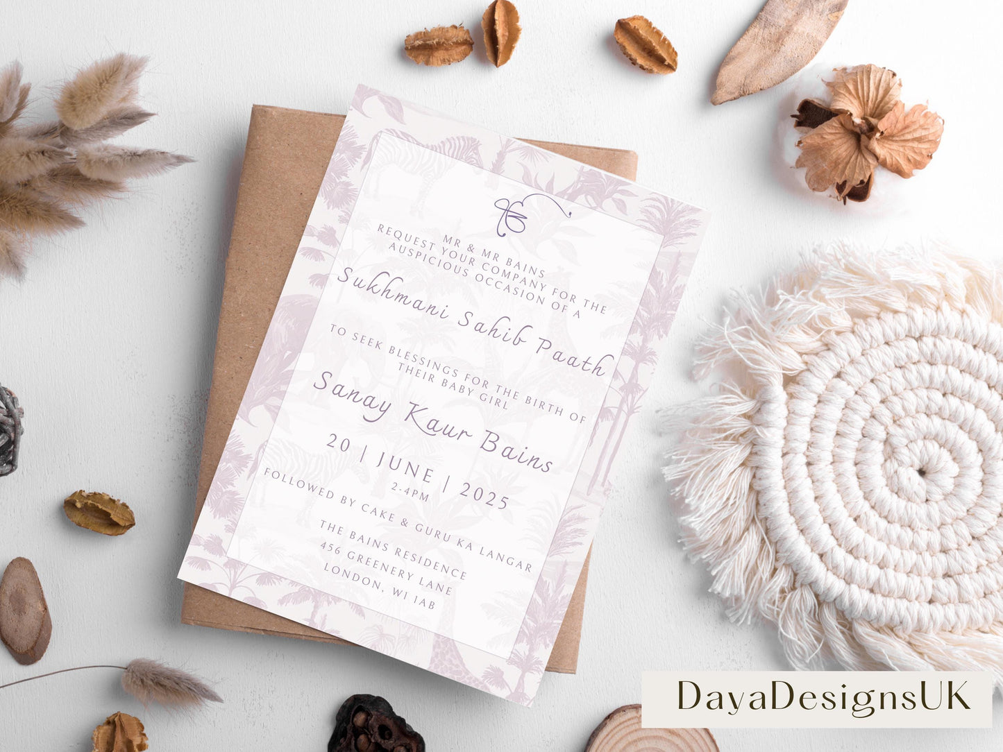 Digital Sukhmani Sahib Path Invitation, Birth of Daughter, Modern Safari Animal Theme, Canva Editable, Sikh, Girls 1st Birthday