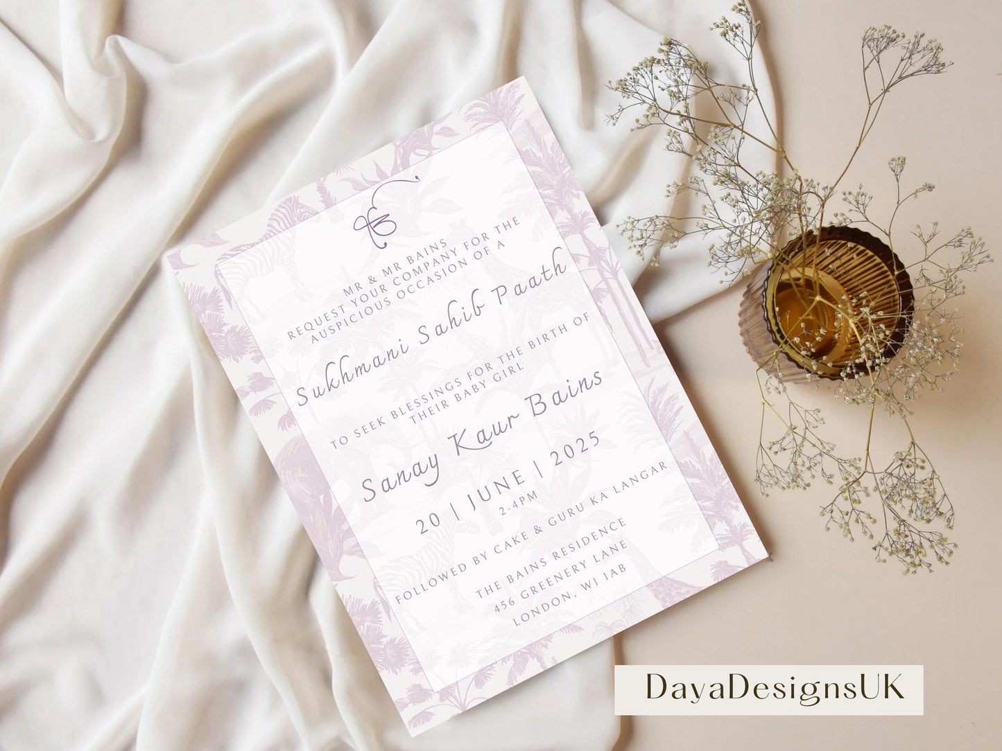 Digital Sukhmani Sahib Path Invitation, Birth of Daughter, Modern Safari Animal Theme, Canva Editable, Sikh, Girls 1st Birthday