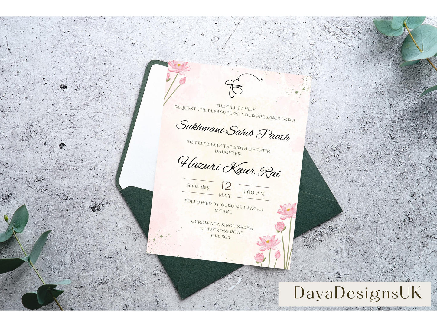 Sukhmani Sahib Path Digital Invitation, Birth of Daughter, 1st Birthday, Modern Floral Decor, Canva Editable, Sikh Programme