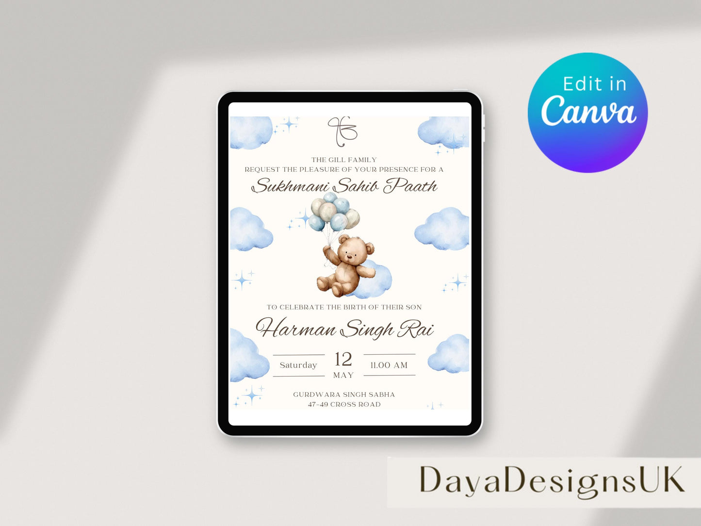 Sukhmani Sahib Path Invitation, Birth of Son, Modern Blue Cloud Balloon Teddy Theme, Canva Editable, Sikh, Boy's 1st Birthday