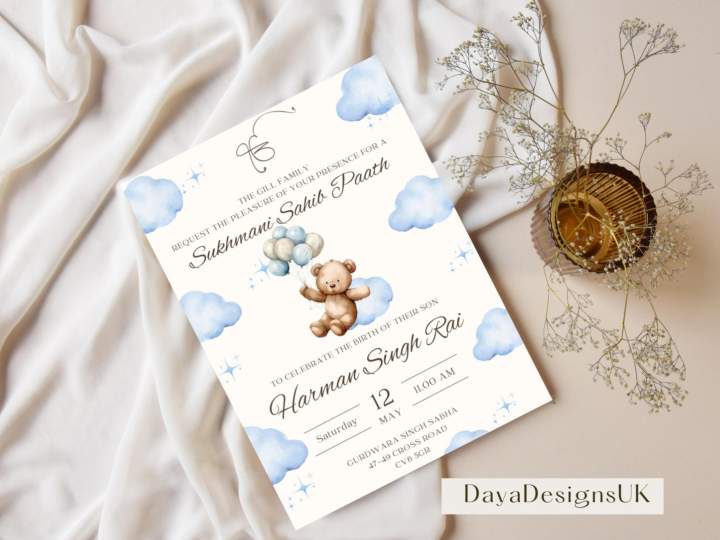 Sukhmani Sahib Path Invitation, Birth of Son, Modern Blue Cloud Balloon Teddy Theme, Canva Editable, Sikh, Boy's 1st Birthday