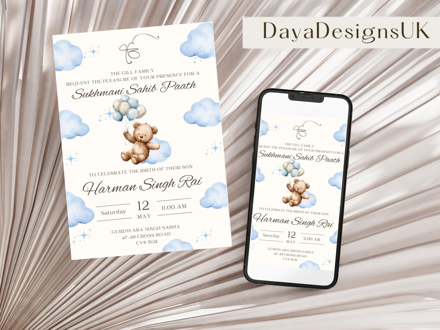 Sukhmani Sahib Path Invitation, Birth of Son, Modern Blue Cloud Balloon Teddy Theme, Canva Editable, Sikh, Boy's 1st Birthday