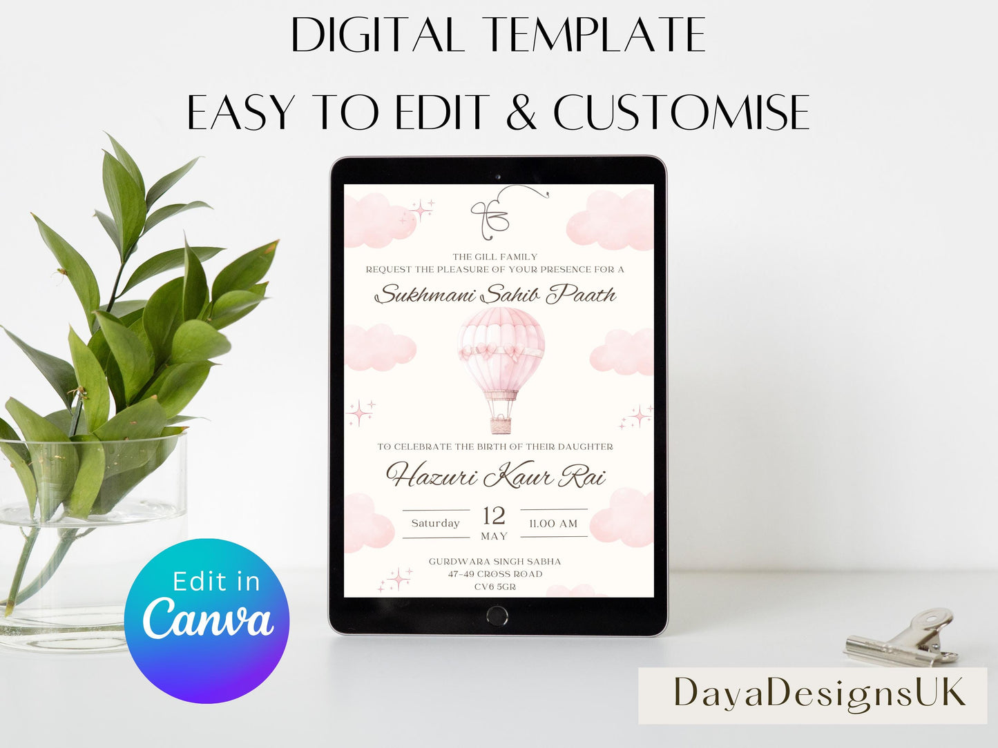 Sukhmani Sahib Path Digital Invitation, Daughter's 1st Birthday, Modern Minimalist Pink Hot Air Balloon, Editable Template, Sikh Programme