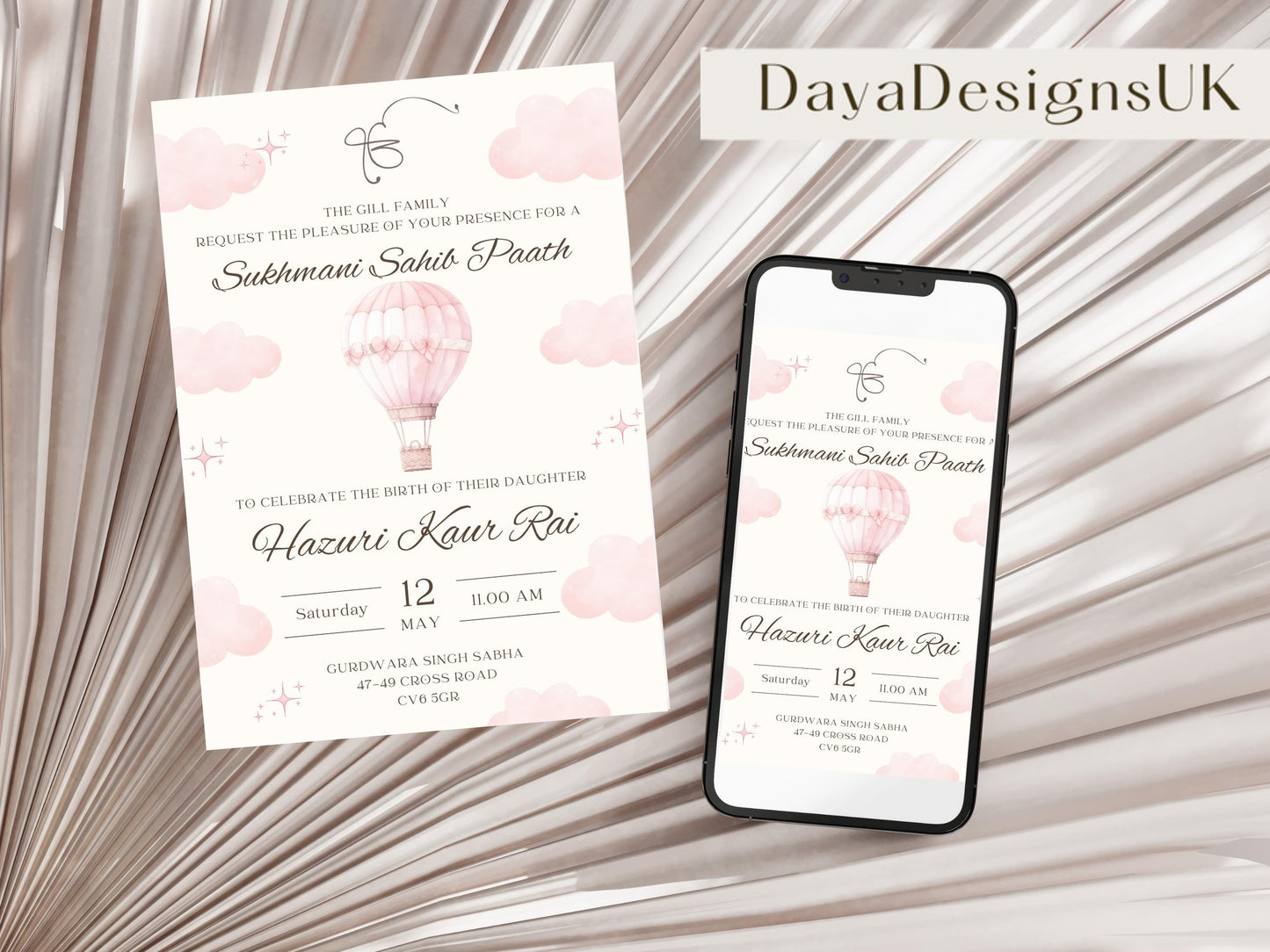 Sukhmani Sahib Path Digital Invitation, Daughter's 1st Birthday, Modern Minimalist Pink Hot Air Balloon, Editable Template, Sikh Programme