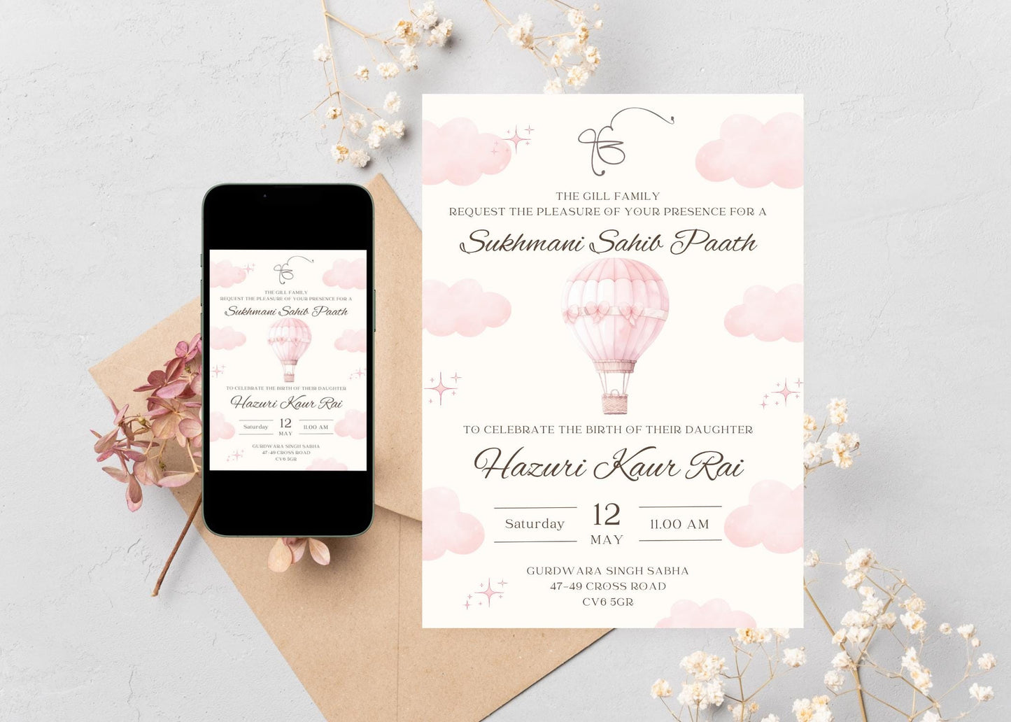 Elegant pink and white air balloon themed invitation to Sukhmani Sahib Paath for the birth/day of a daughter. Pink clouds and stars . Centre contains all the text for the date time and location of event