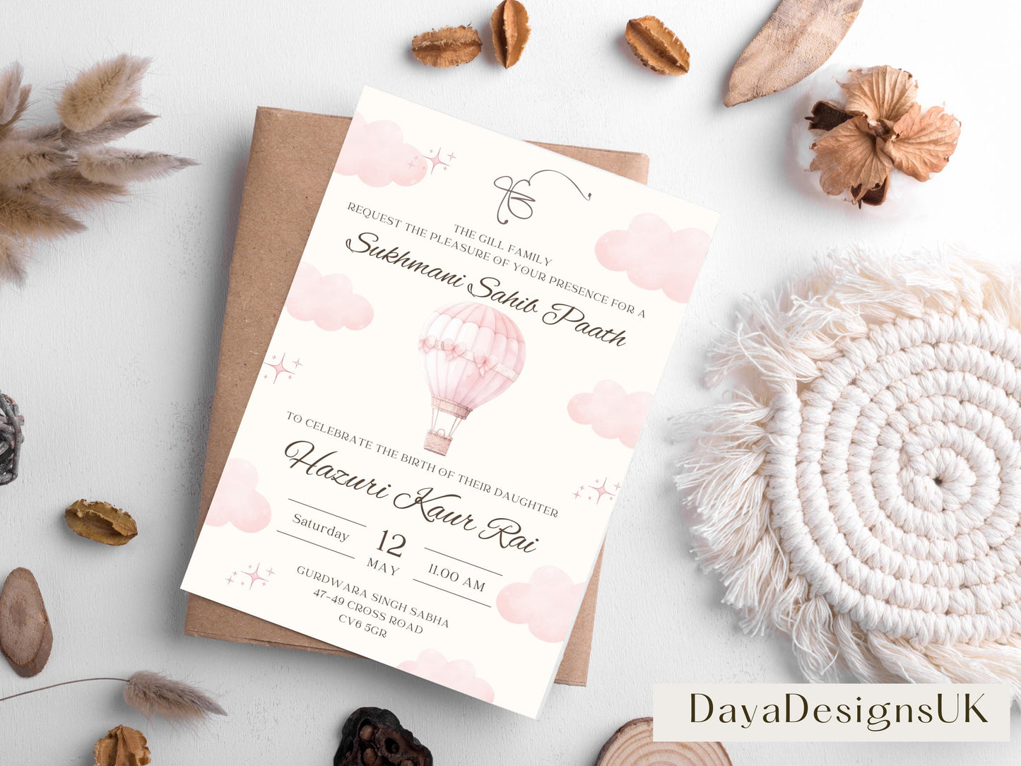 Sukhmani Sahib Path Digital Invitation, Daughter's 1st Birthday, Modern Minimalist Pink Hot Air Balloon, Editable Template, Sikh Programme