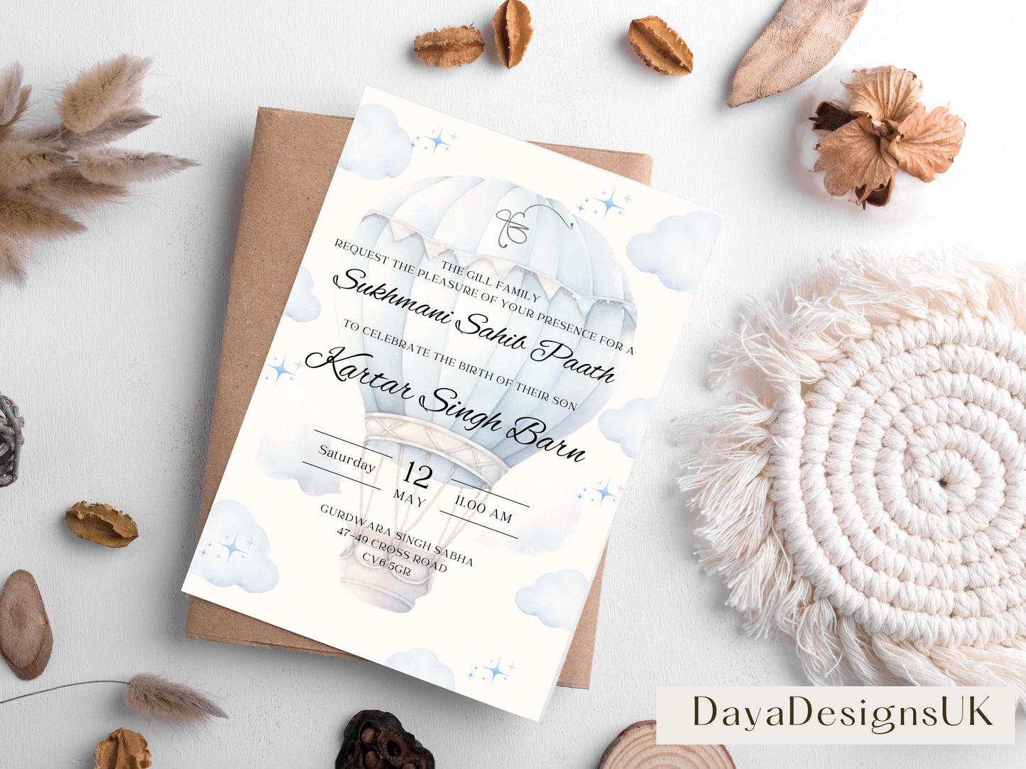 Digital Sukhmani Sahib Path Invitation, Birth of Son, Modern Blue Cloud Balloon Teddy Theme, Canva Editable, Sikh, Boy's 1st Birthday