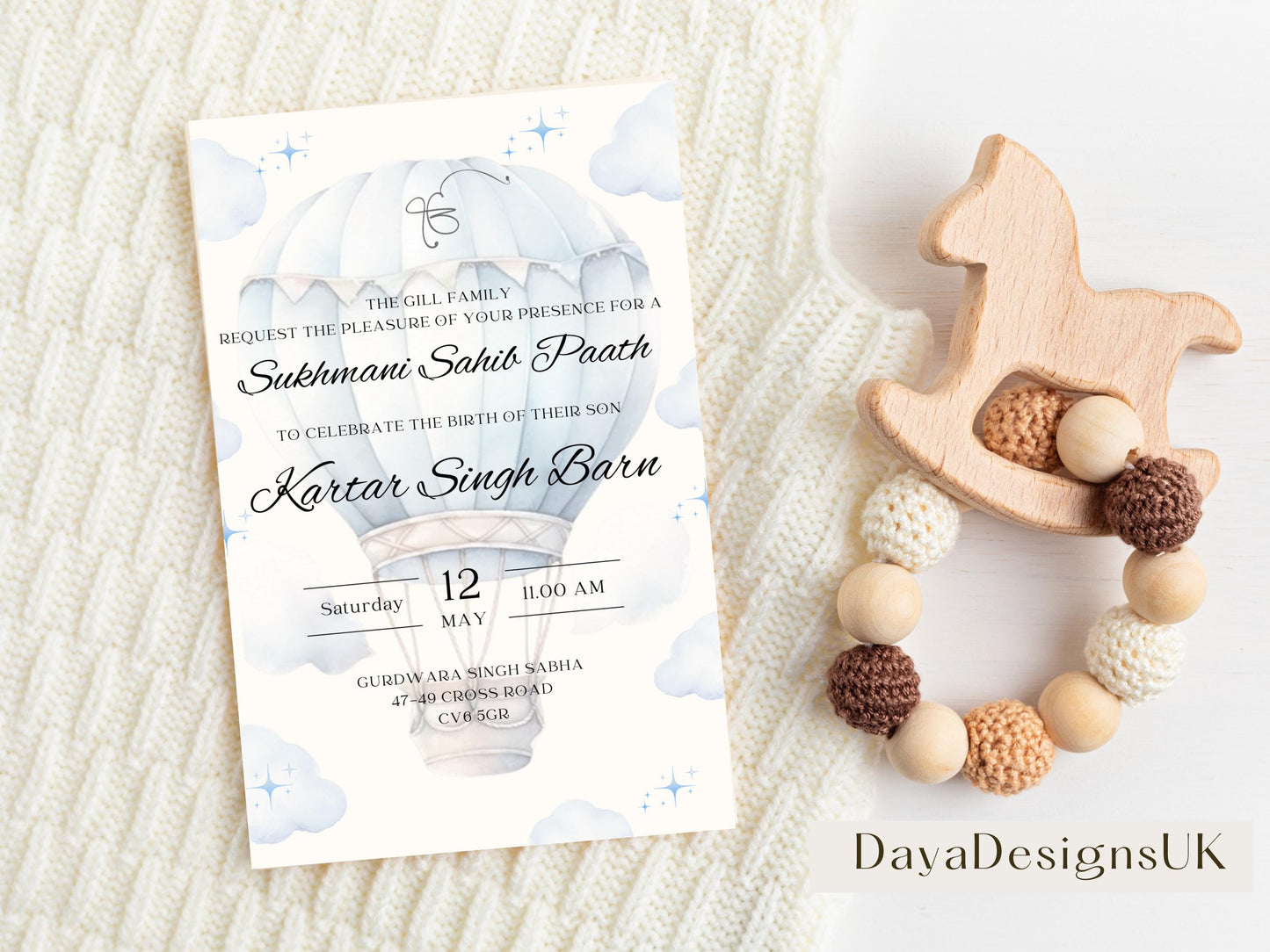 Digital Sukhmani Sahib Path Invitation, Birth of Son, Modern Blue Cloud Balloon Teddy Theme, Canva Editable, Sikh, Boy's 1st Birthday