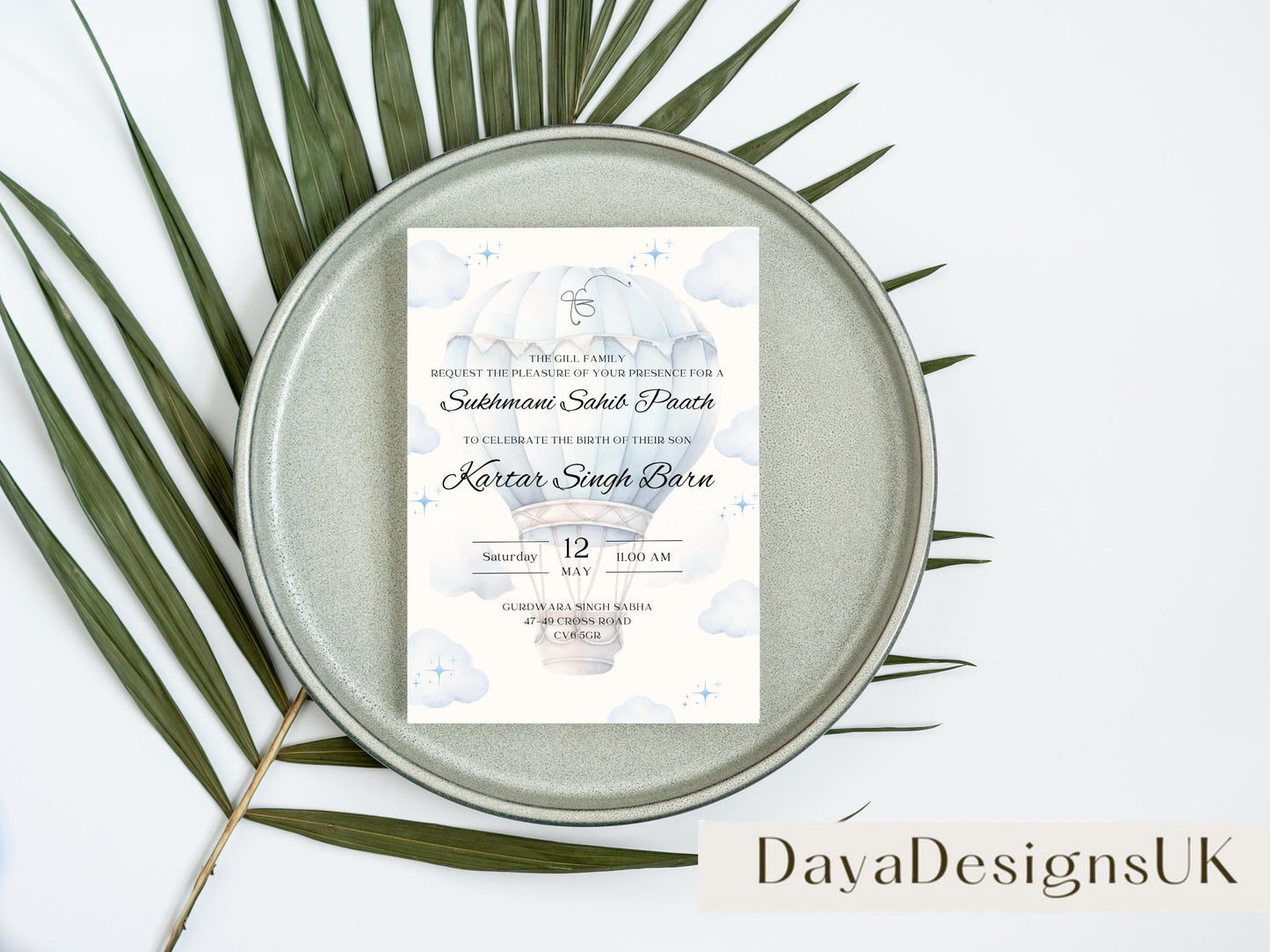 Digital Sukhmani Sahib Path Invitation, Birth of Son, Modern Blue Cloud Balloon Teddy Theme, Canva Editable, Sikh, Boy's 1st Birthday