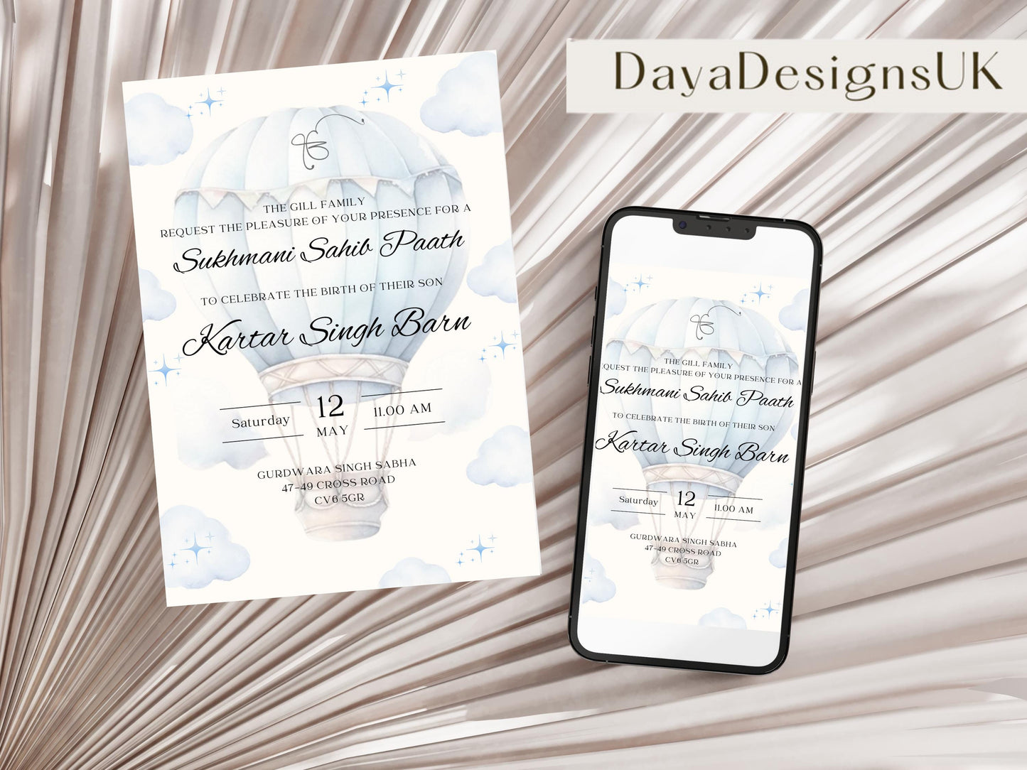 Digital Sukhmani Sahib Path Invitation, Birth of Son, Modern Blue Cloud Balloon Teddy Theme, Canva Editable, Sikh, Boy's 1st Birthday