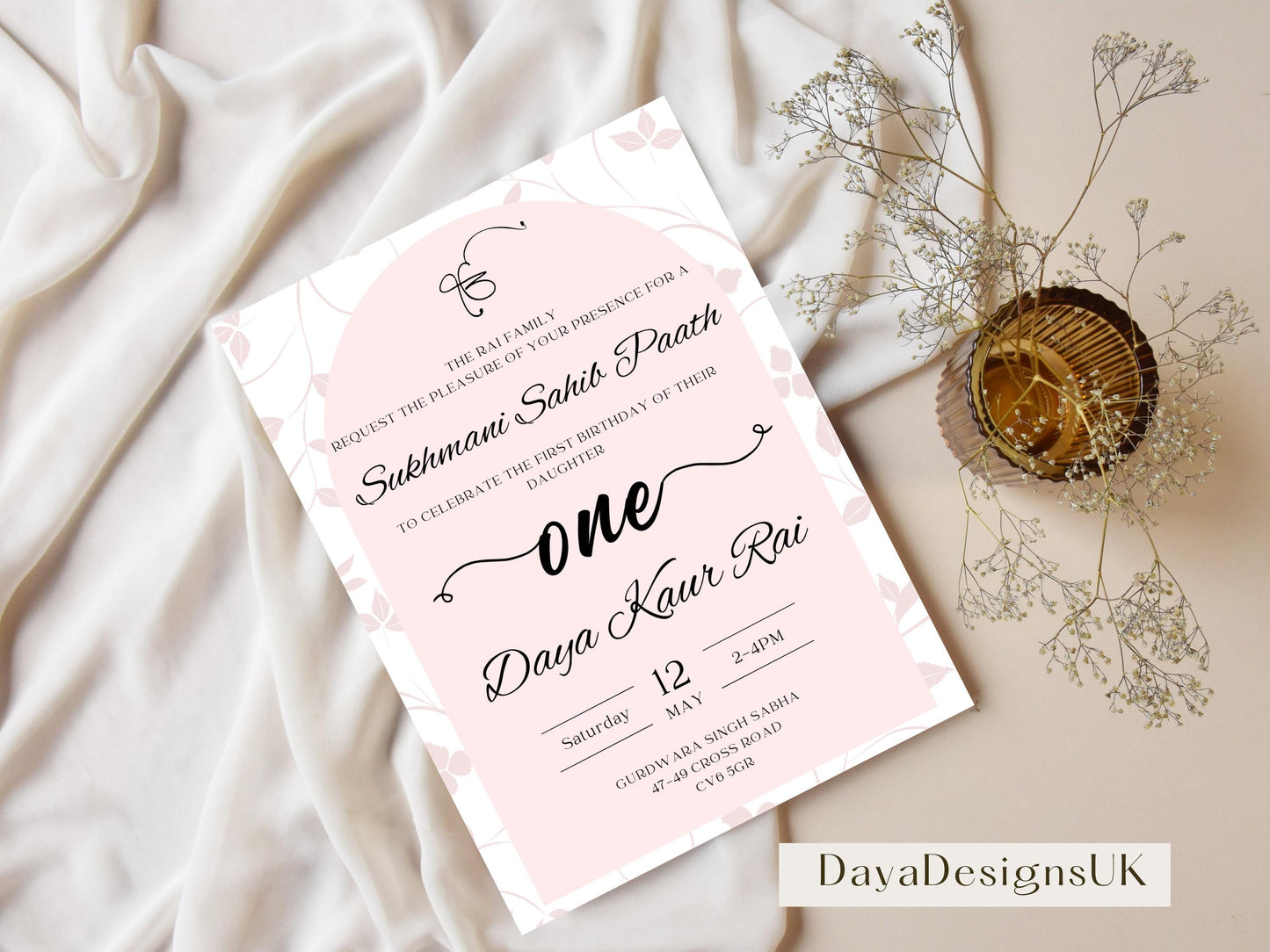 Sukhmani Sahib Path Digital Invitation, Daughter's 1st Birthday, Modern Minimalist Pink Floral Theme, Editable Template, Sikh Programme