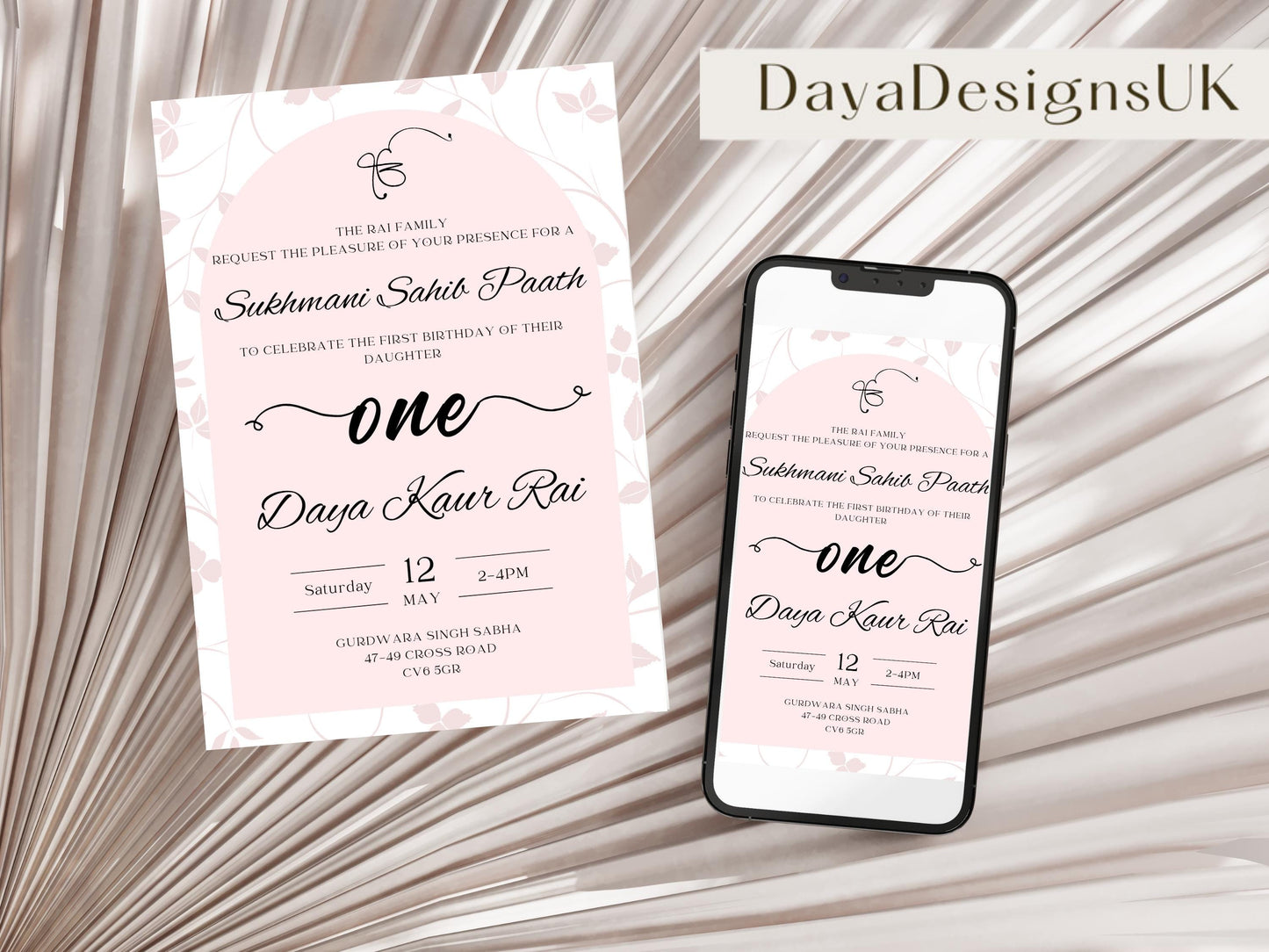 Sukhmani Sahib Path Digital Invitation, Daughter's 1st Birthday, Modern Minimalist Pink Floral Theme, Editable Template, Sikh Programme