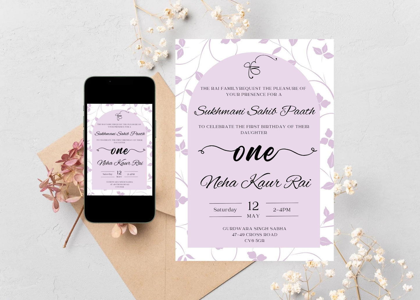 Sukhmani Sahib Path Digital Invitation, Daughter's 1st Birthday, Modern Minimalist Lilac Floral Theme, Editable Template, Sikh Programme