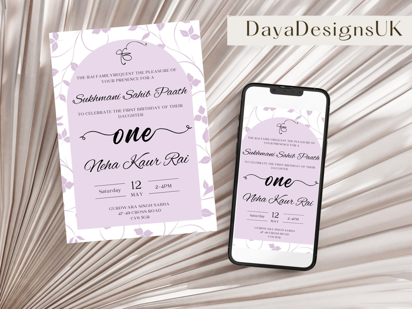 Sukhmani Sahib Path Digital Invitation, Daughter's 1st Birthday, Modern Minimalist Lilac Floral Theme, Editable Template, Sikh Programme