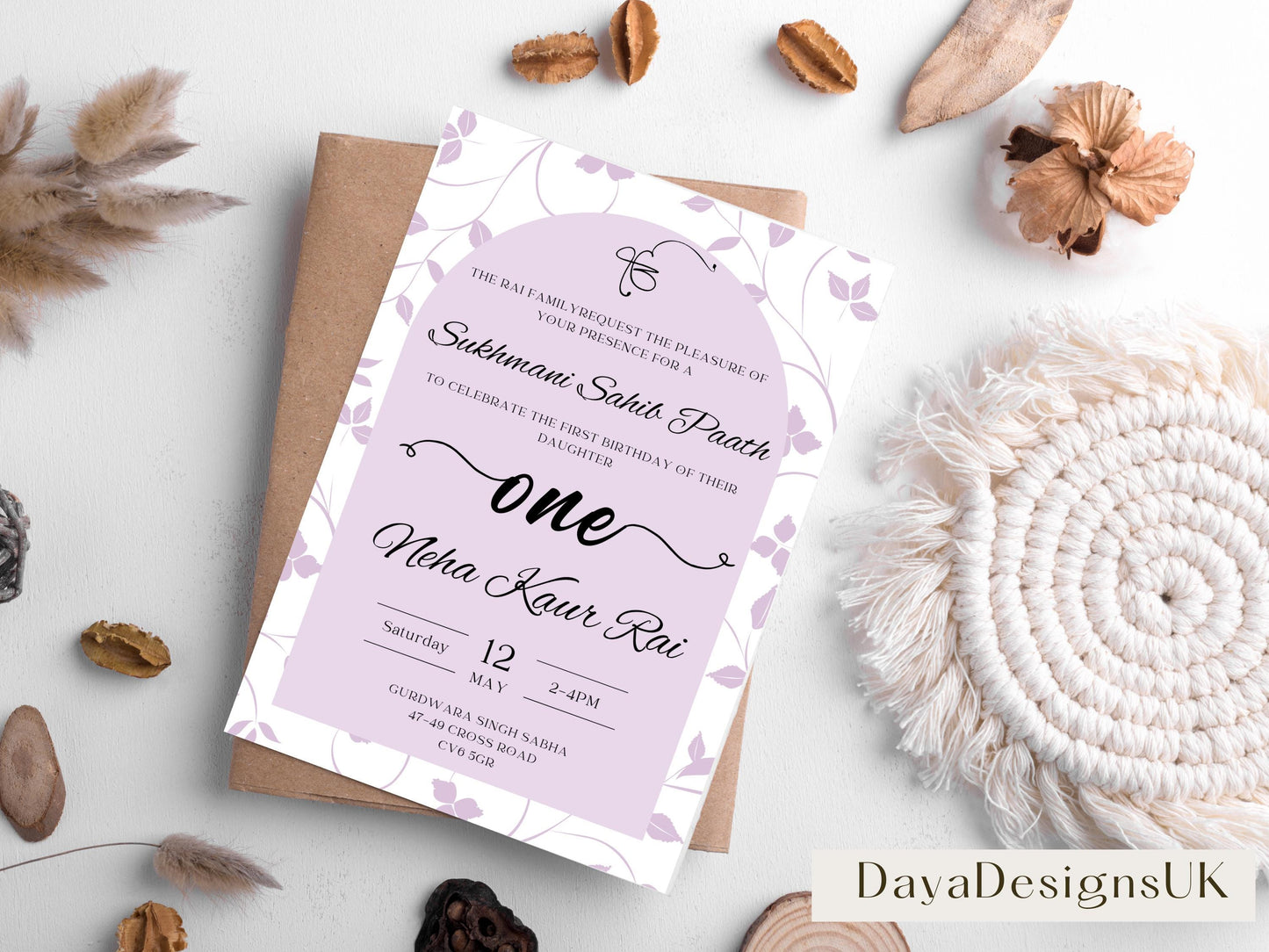 Sukhmani Sahib Path Digital Invitation, Daughter's 1st Birthday, Modern Minimalist Lilac Floral Theme, Editable Template, Sikh Programme