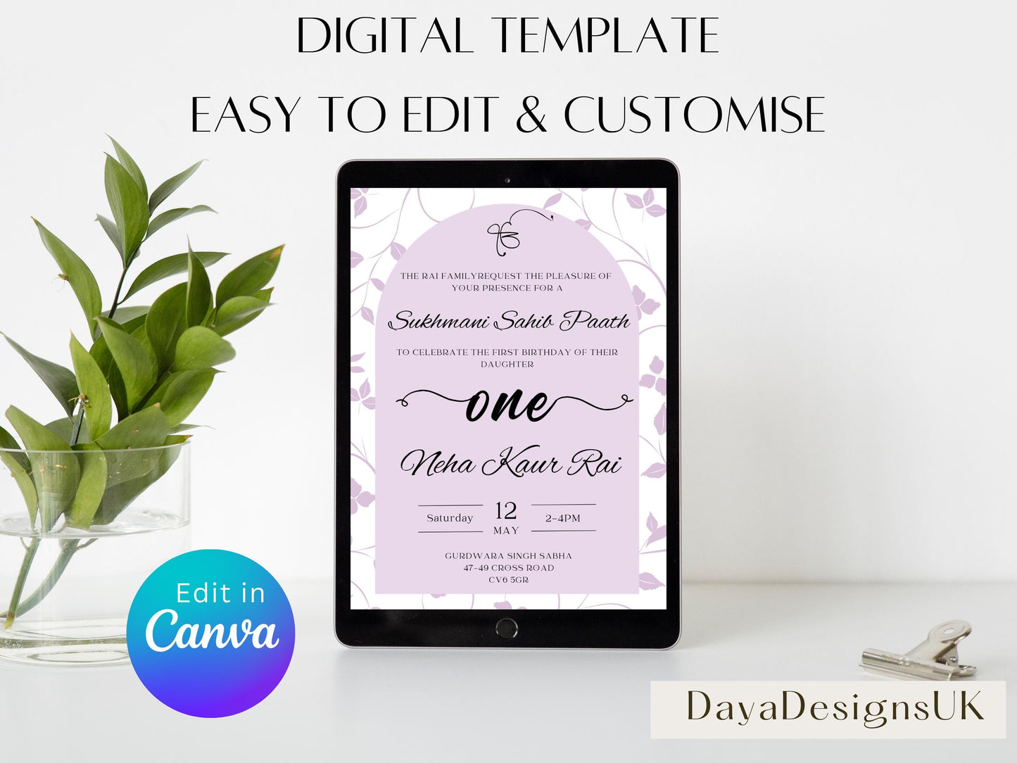 Sukhmani Sahib Path Digital Invitation, Daughter's 1st Birthday, Modern Minimalist Lilac Floral Theme, Editable Template, Sikh Programme