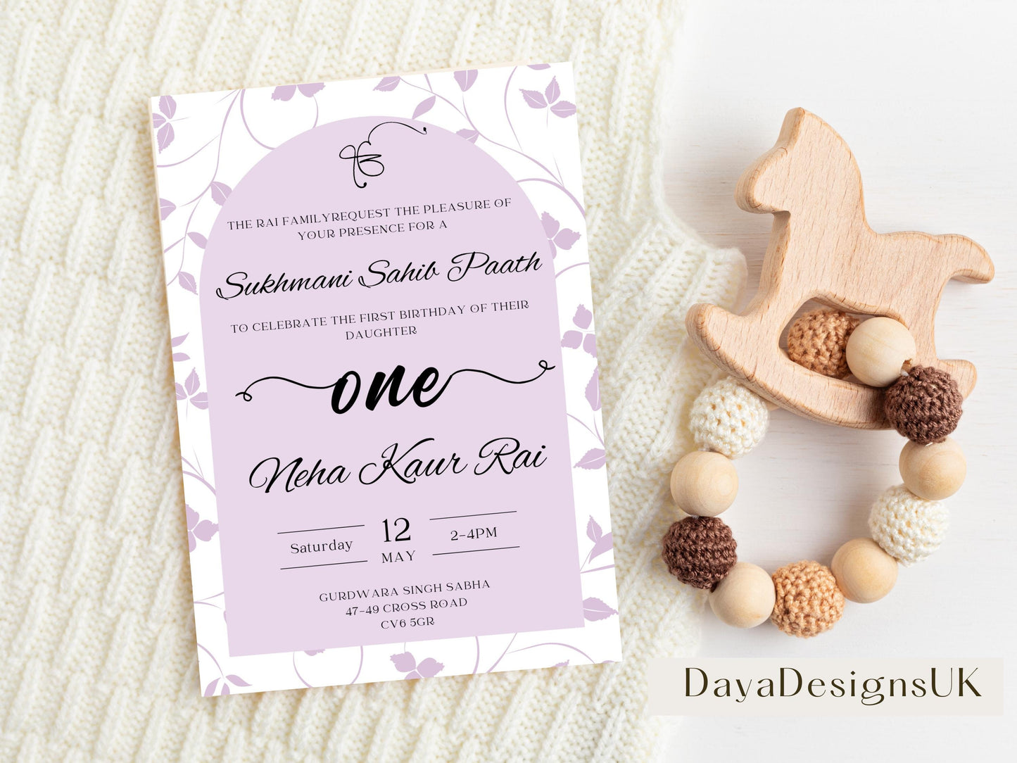 Sukhmani Sahib Path Digital Invitation, Daughter's 1st Birthday, Modern Minimalist Lilac Floral Theme, Editable Template, Sikh Programme