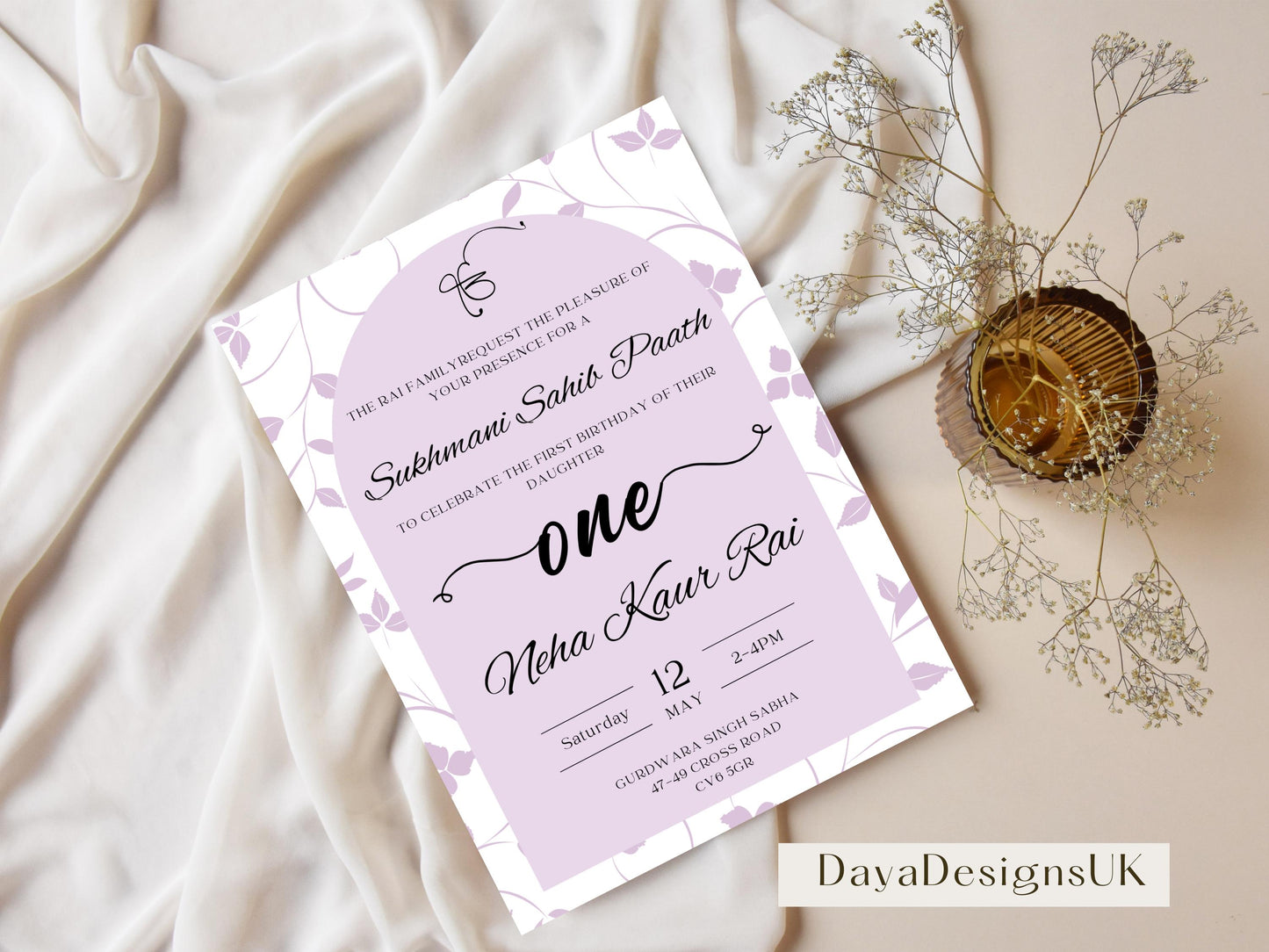 Sukhmani Sahib Path Digital Invitation, Daughter's 1st Birthday, Modern Minimalist Lilac Floral Theme, Editable Template, Sikh Programme